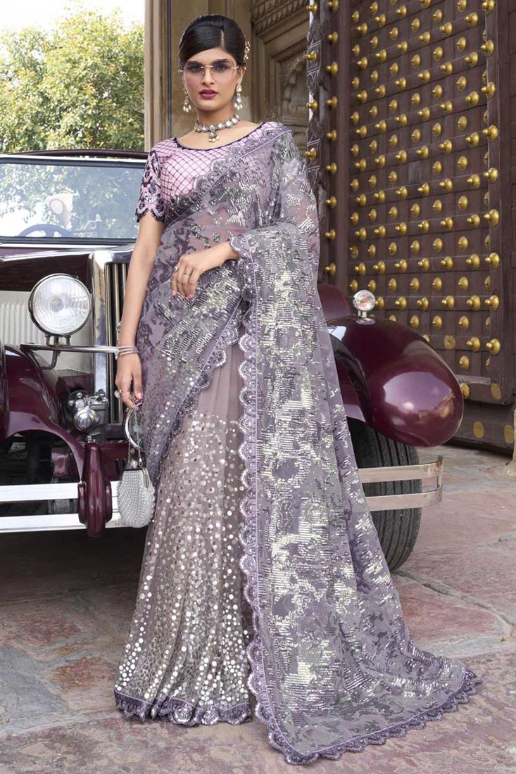 लैवेंडर कलर नेट फैब्रिक सेक्विन वर्क के साथ भव्य साड़ी