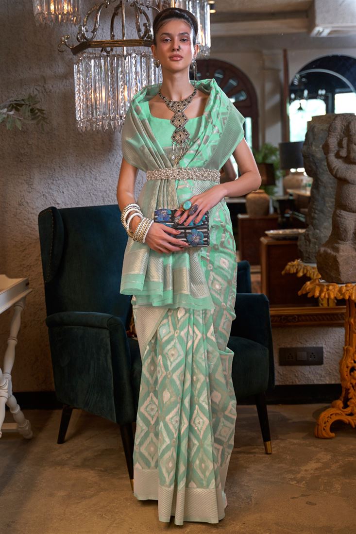 Sea Green Linen Handloom Woven Saree