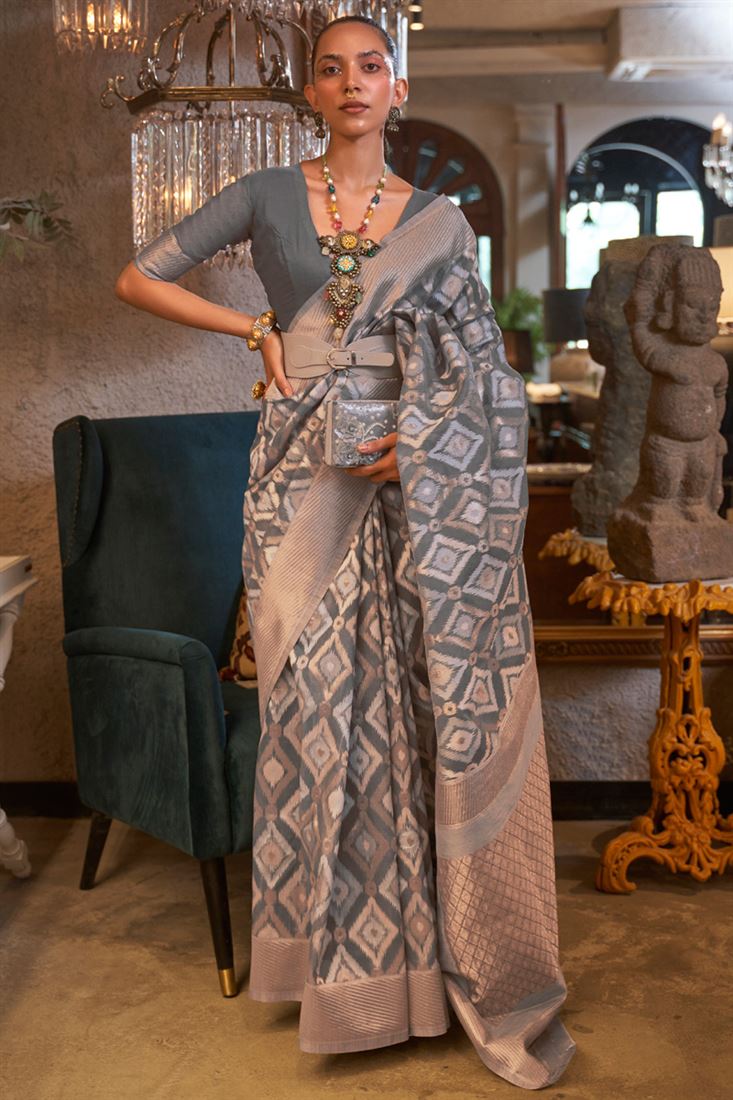 ग्रे लिनन ट्रेंडी हैंडलूम बुनी साड़ी