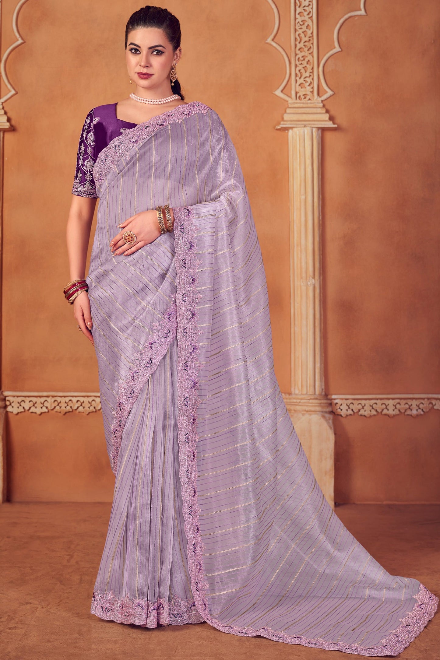 Lavender Color Brilliant Border Work Organza Saree