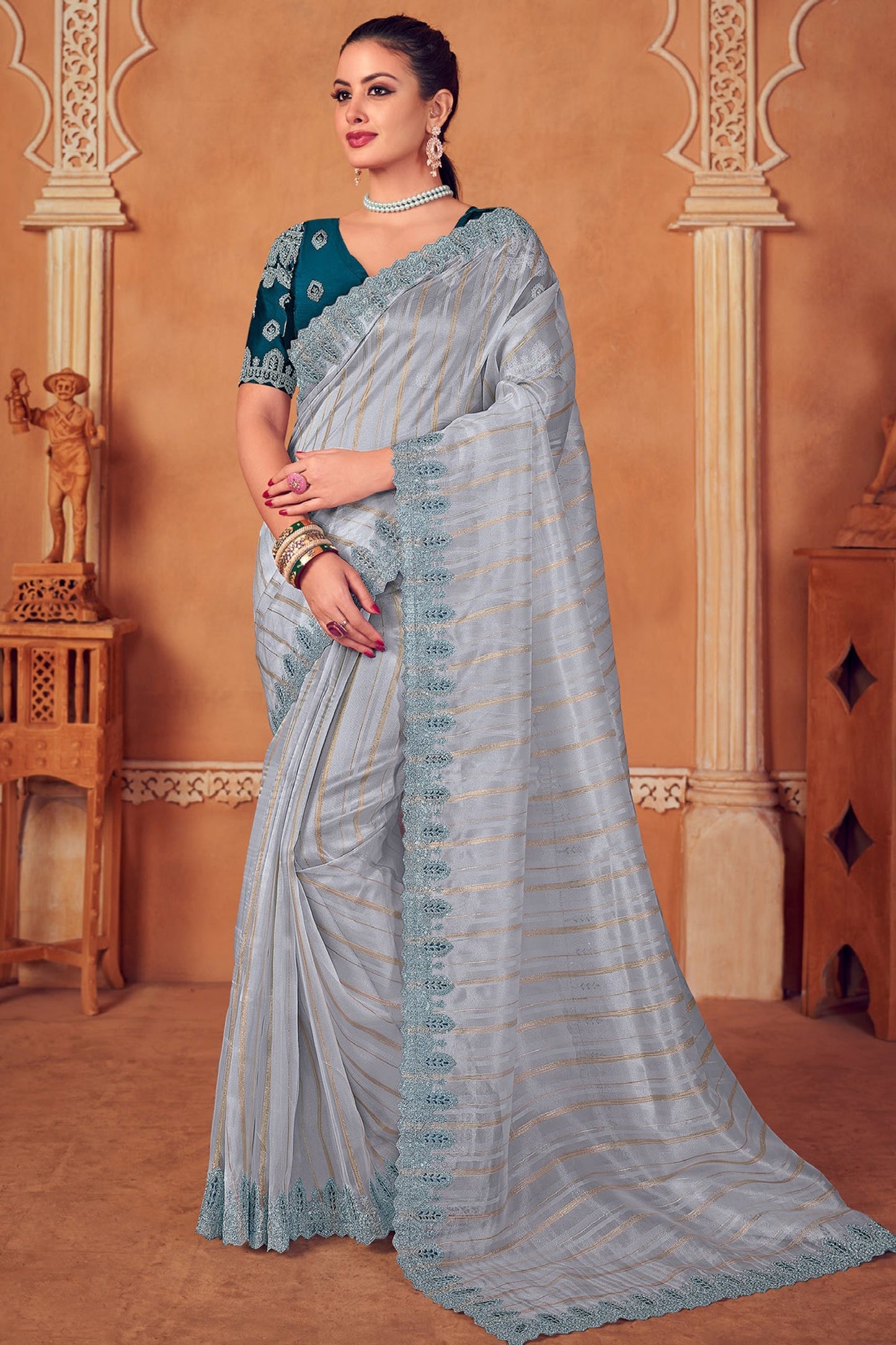 Imposing Border Work Organza Saree In Grey Color
