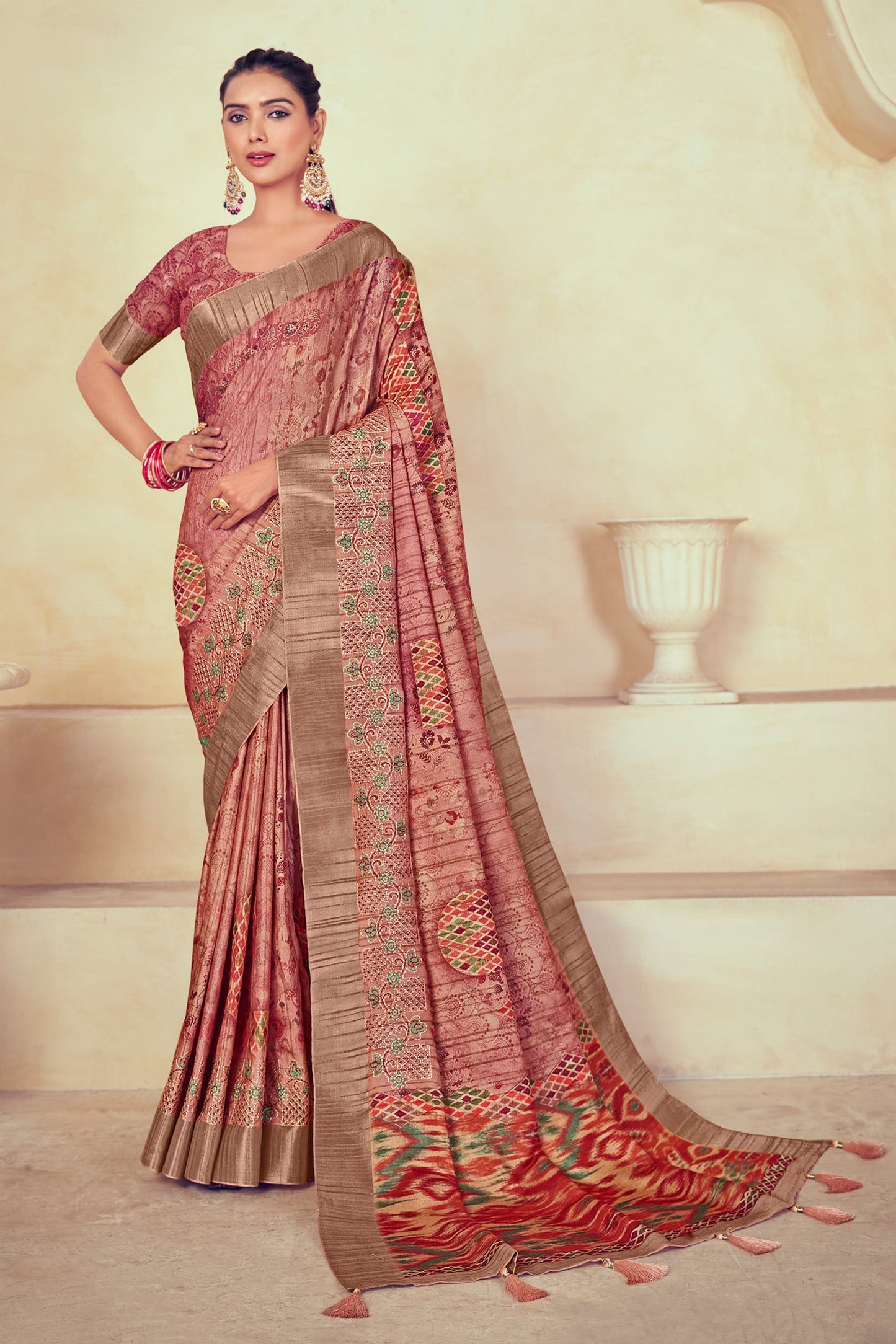 Dola Silk Function Wear Saree In Pink Color With Printed Blouse