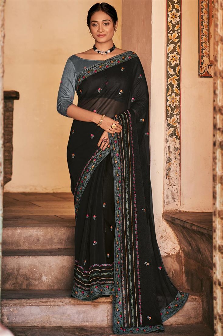 Black Color Party Wear Alluring Embroidered Saree In Chiffon Fabric