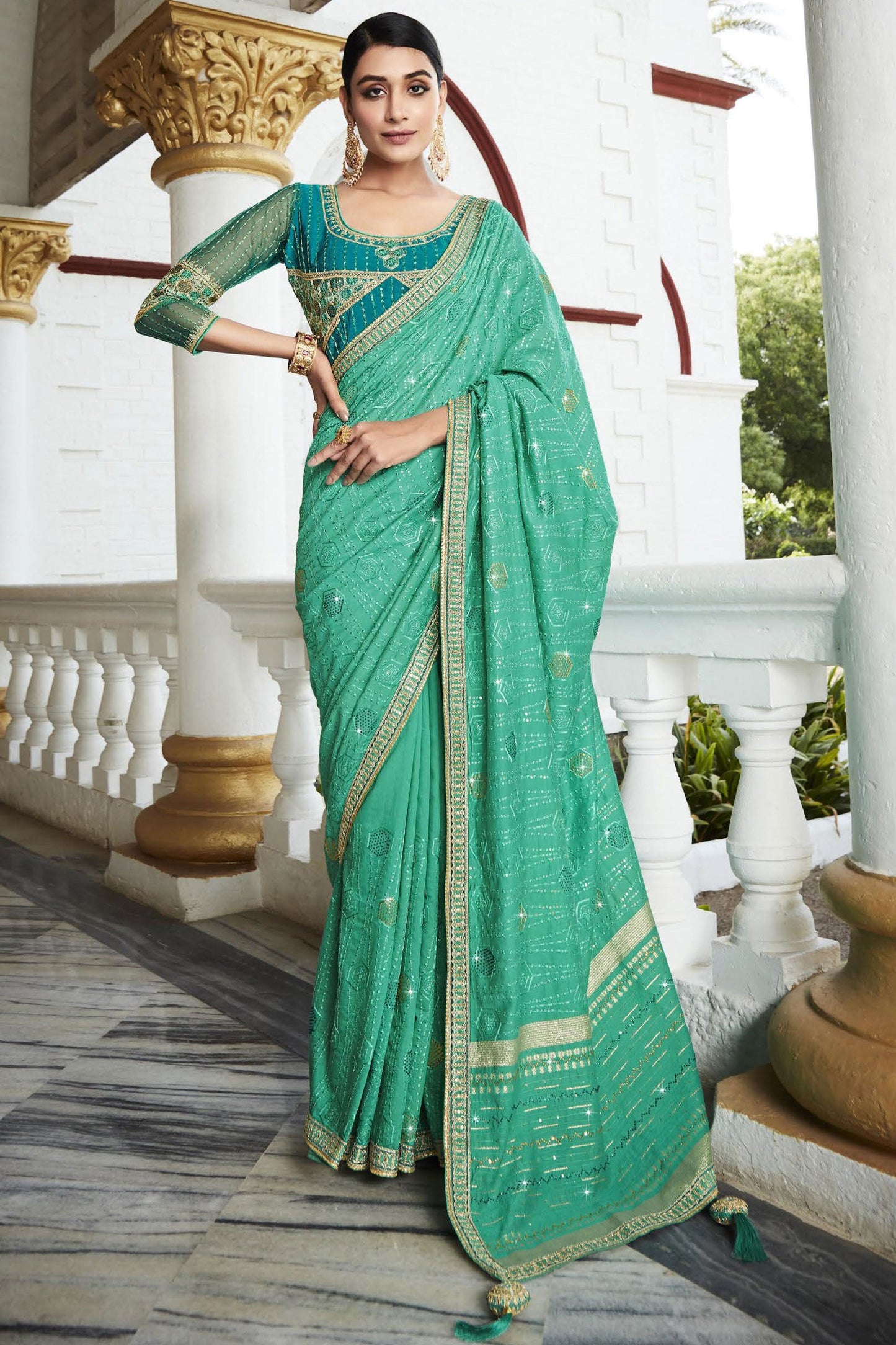 Festive Wear Sea Green Color Silk Fabric Saree With Embroidered Designer Blouse