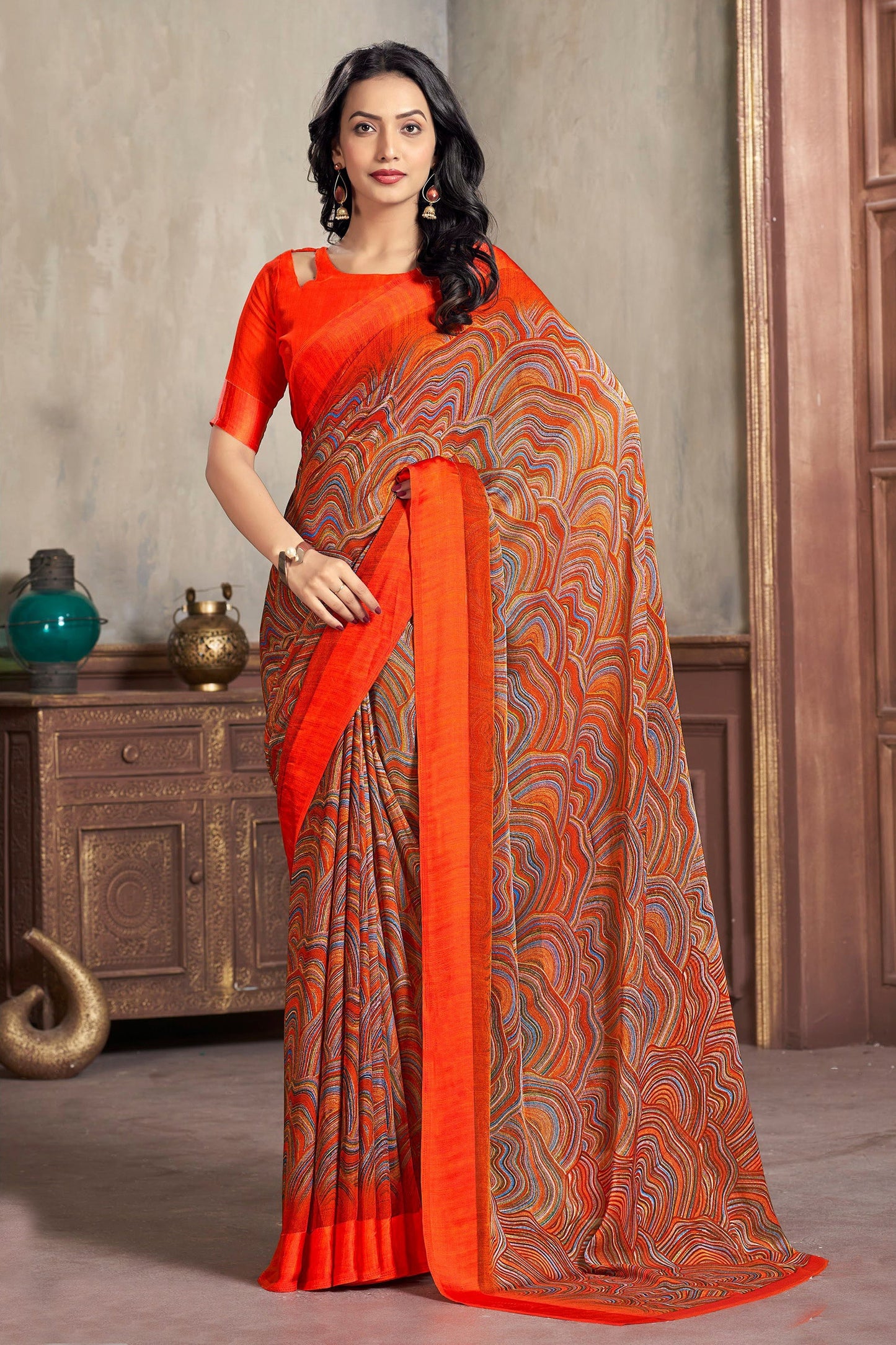 Orange Chiffon Fabric Abstract Print Saree