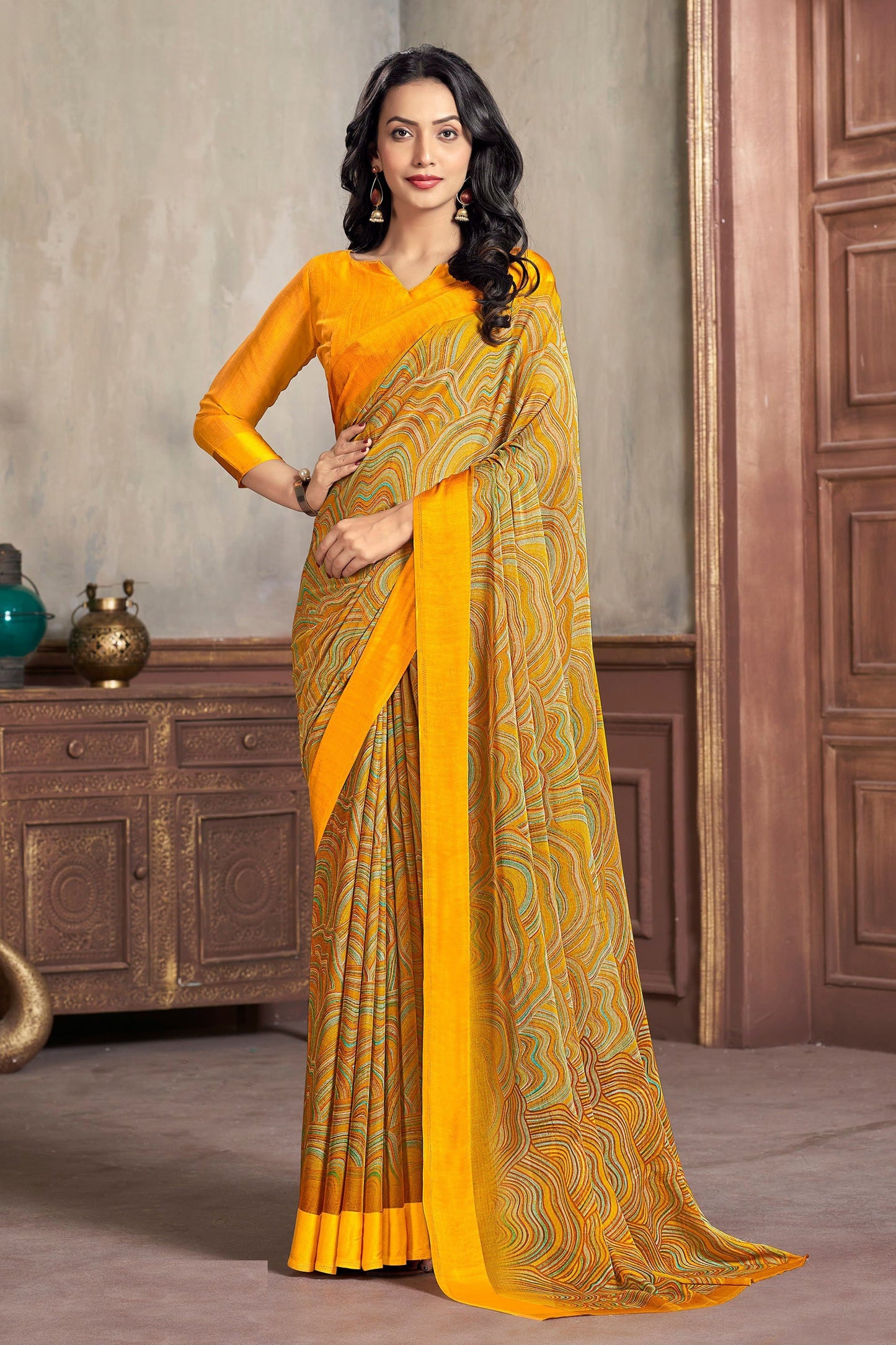Yellow Color Abstract Print Casual Chiffon Fabric Saree