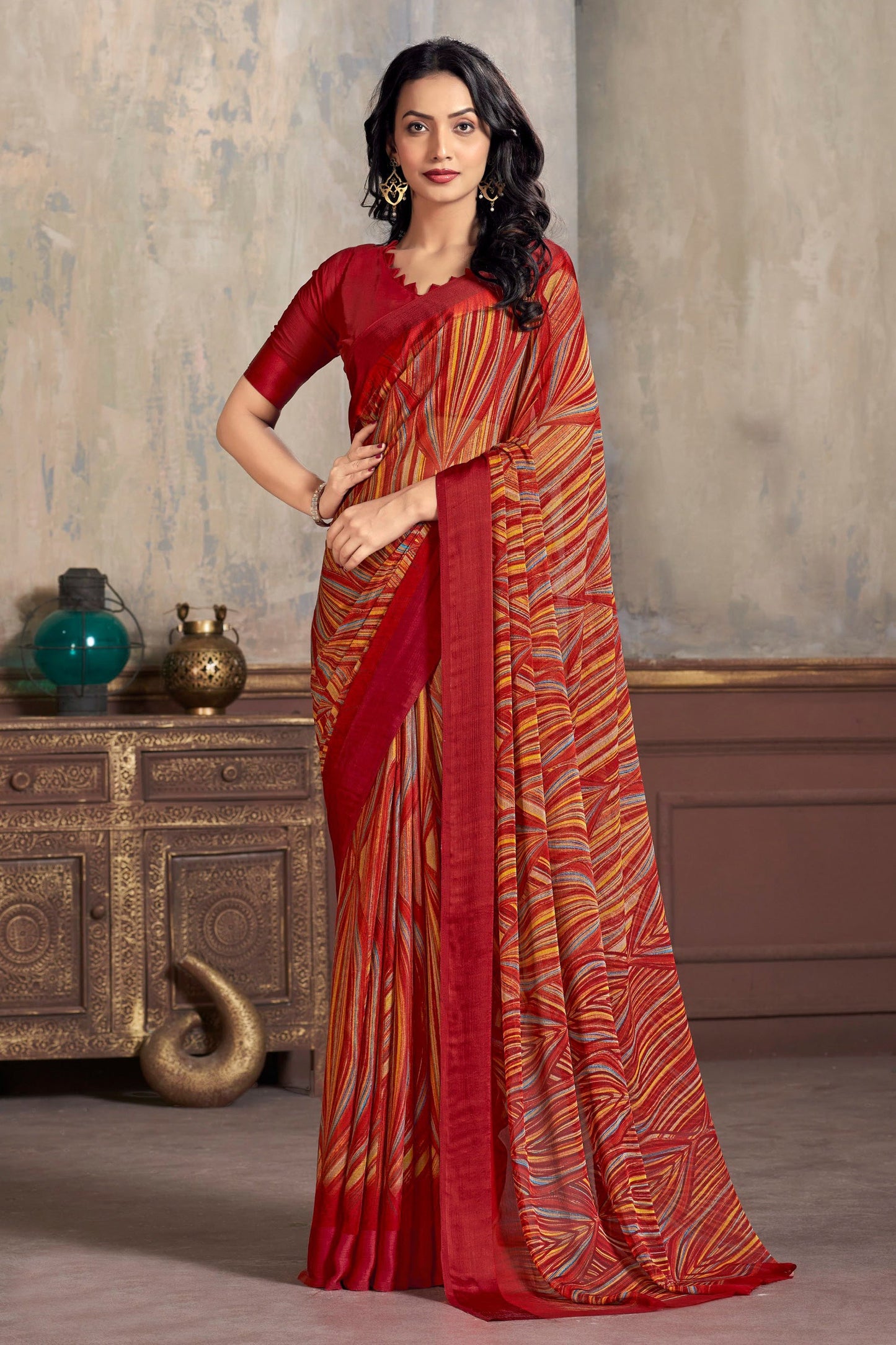 Daily Wear Chiffon Fabric Abstract Print Maroon Saree