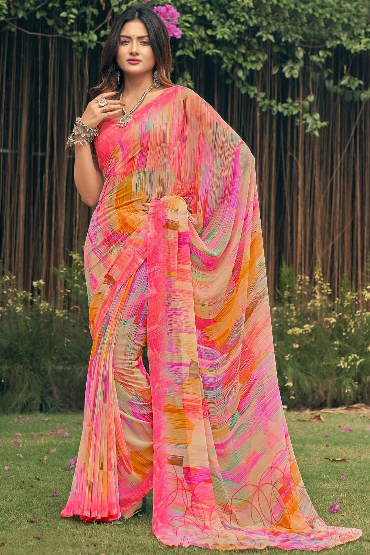 अविश्वसनीय मुद्रित जॉर्जेट मल्टी कलर साड़ी