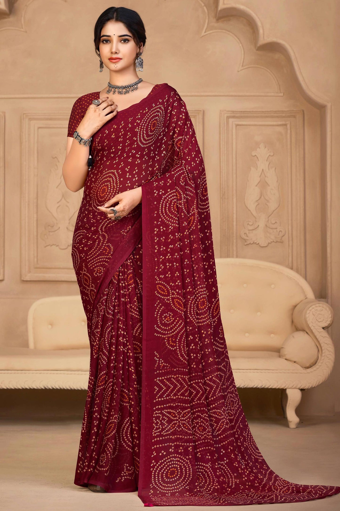 Maroon Color Classic Casual Chiffon Fabric Bandhej Print Saree