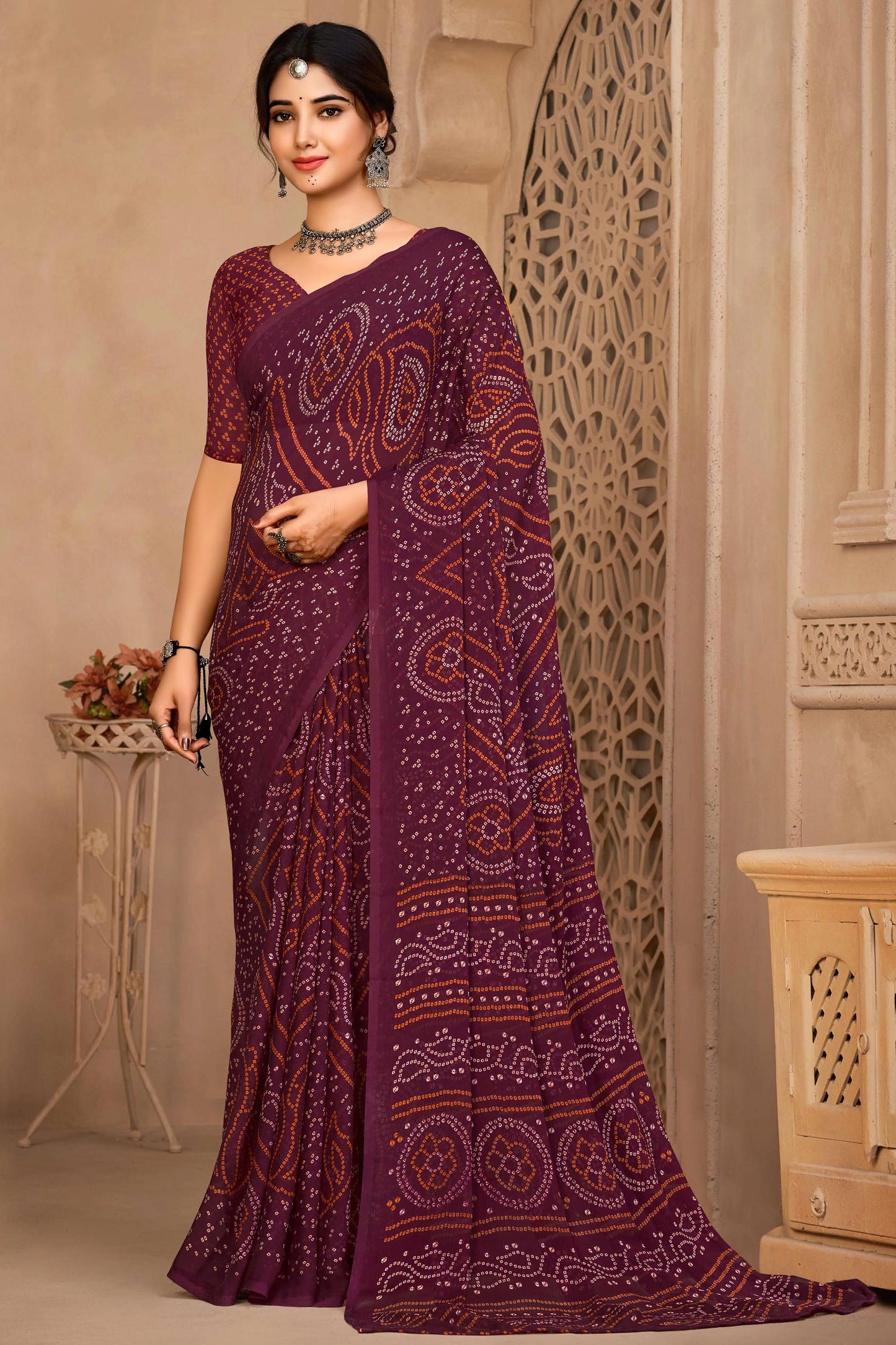 Chiffon Fabric Wine Color Casual Bandhani Print Saree