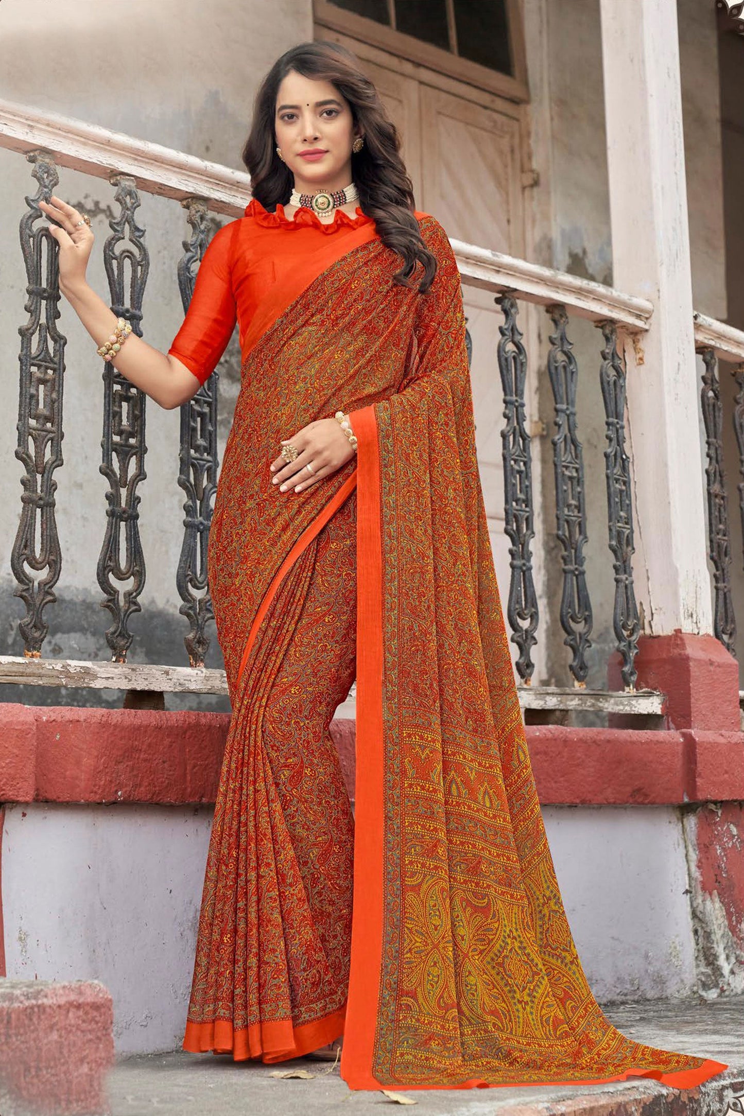 Chiffon Fabric Beatific Abstract Printed Casual Saree In Orange Color