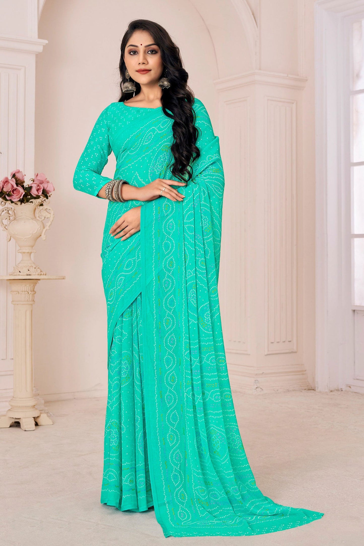 Casual Look Sea Green Color Glorious Chiffon Printed Saree