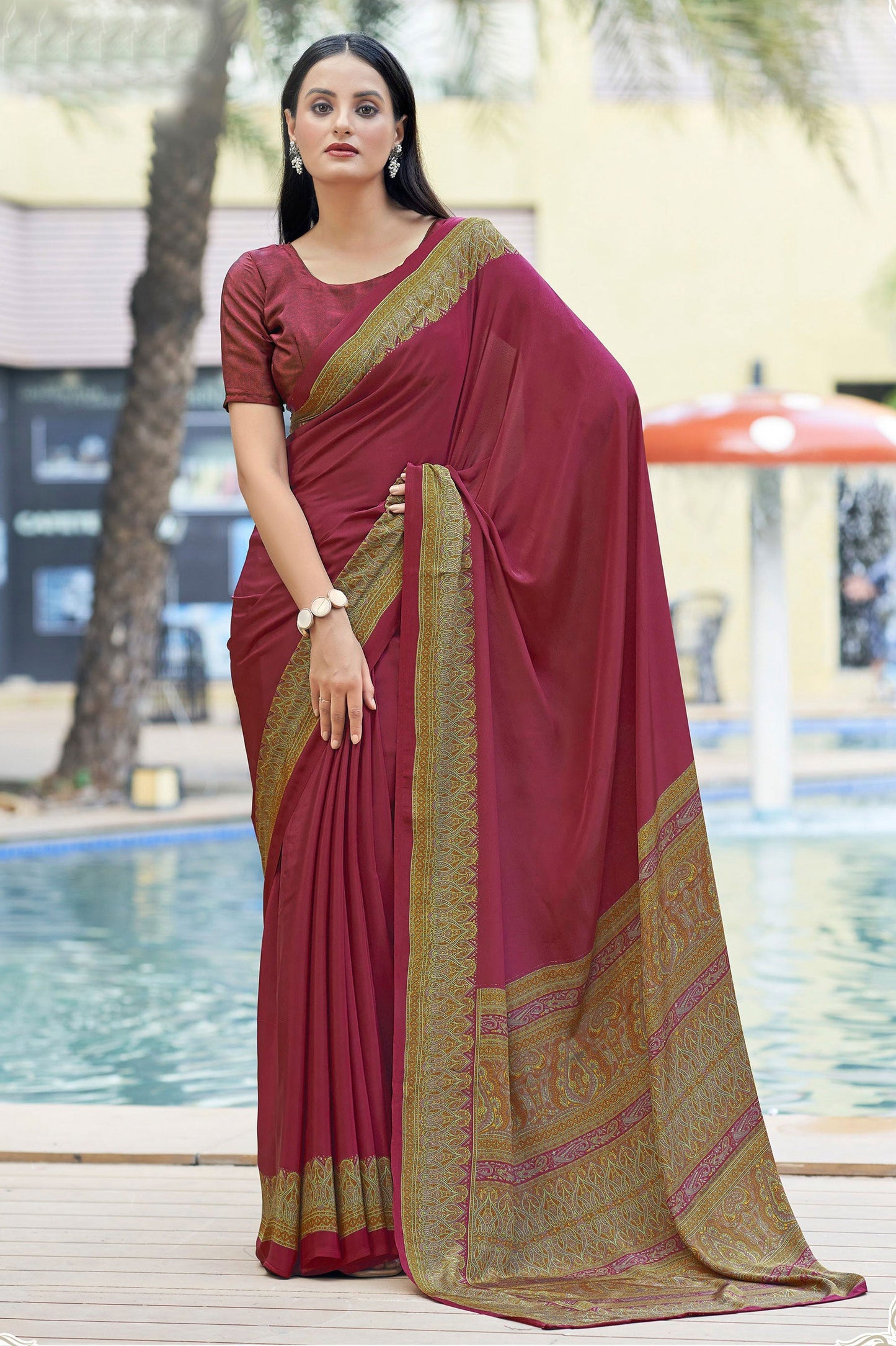 Dazzling Border Work On Maroon Color Casual Saree In Crepe Silk Fabric
