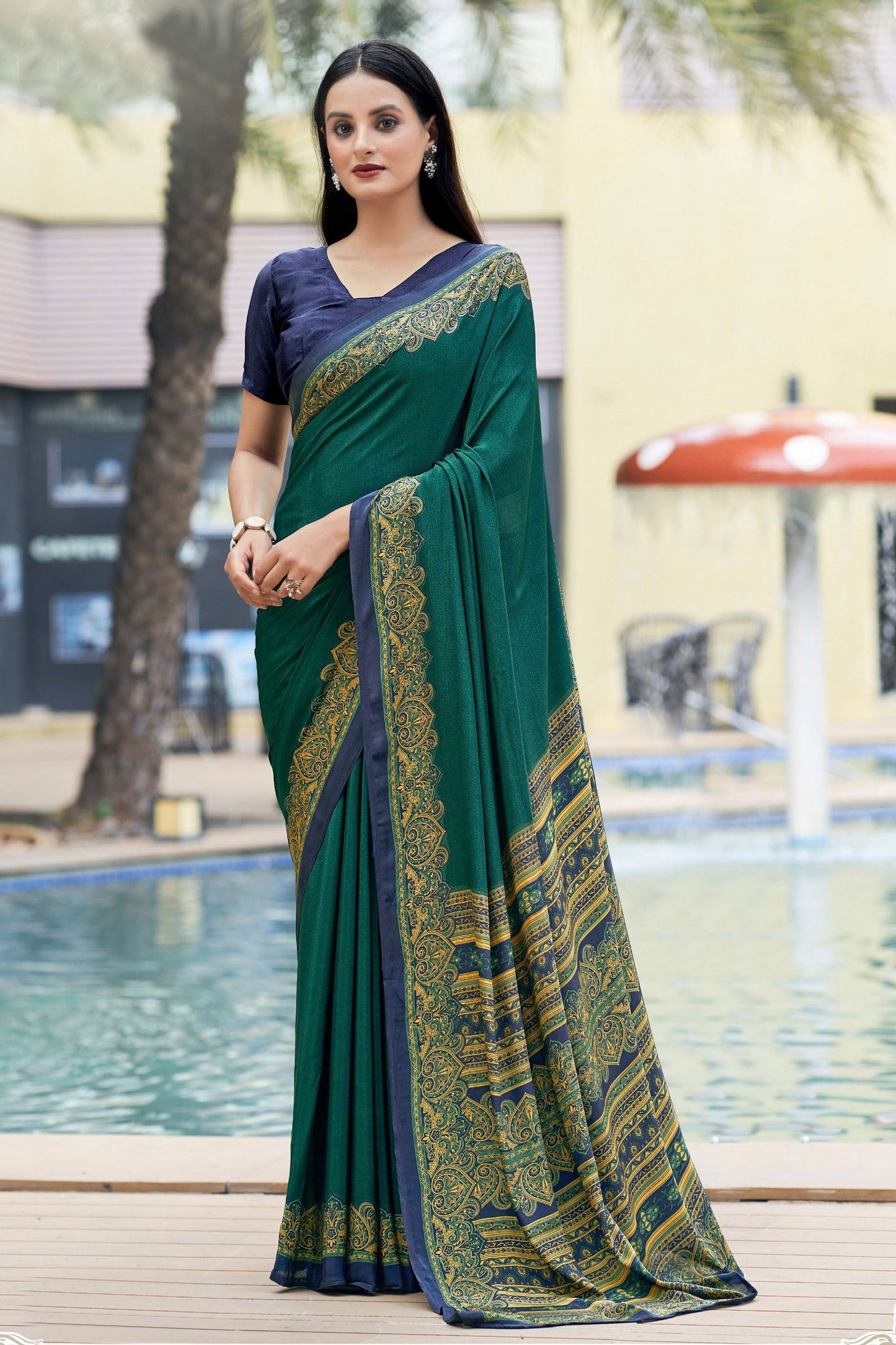 Incredible Border Work On Crepe Silk Fabric Green Color Casual Saree
