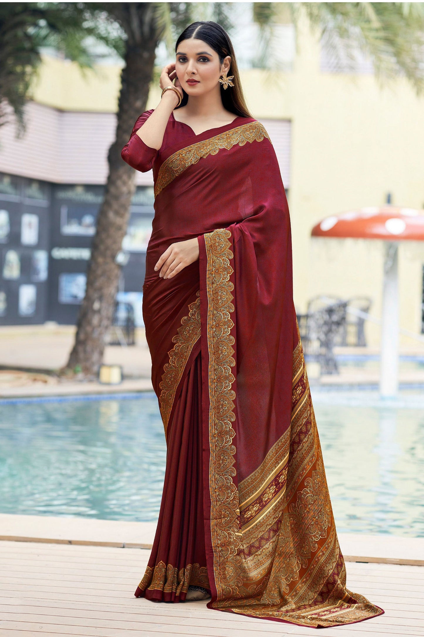 Tempting Crepe Silk Fabric Maroon Color Casual Saree With Border Work