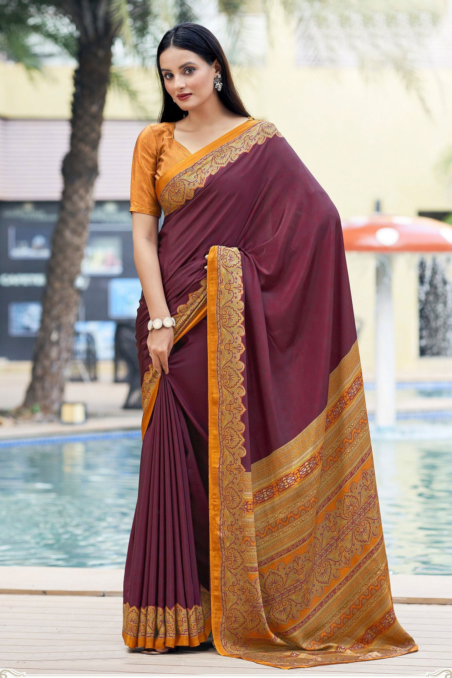 Classic Border Work On Wine Color Casual Saree In Crepe Silk Fabric