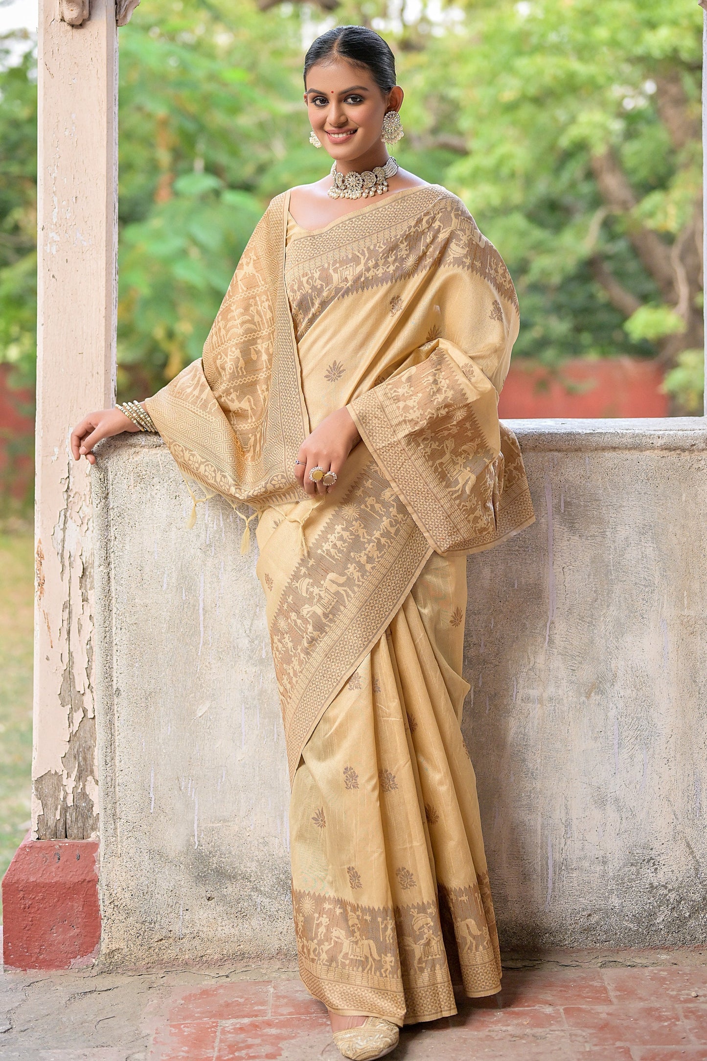 Delightful Cream Woven Border Handloom Art Silk Fabric Casual Saree