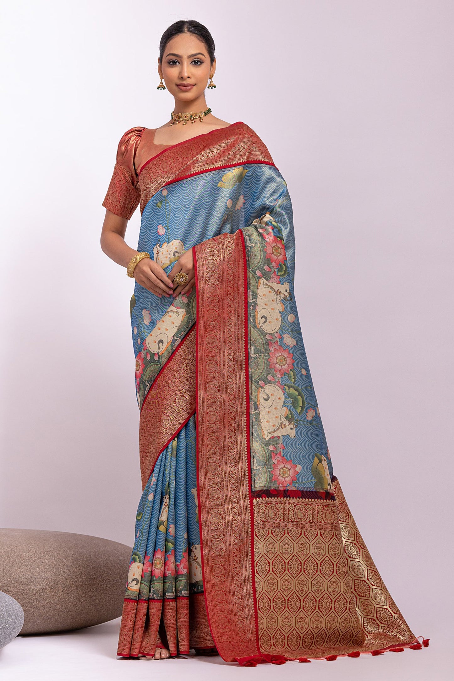 Delightful Blue Color Zari Weaving With Pichway Printed Tissue Silk Sangeet Wear Saree