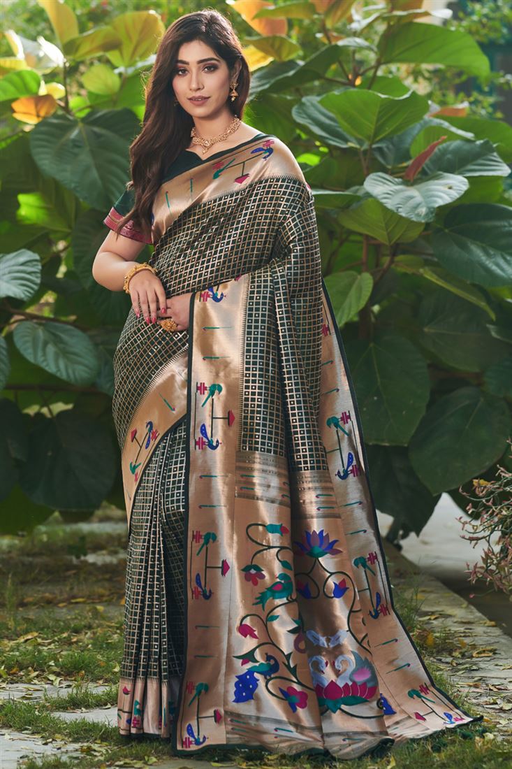 Weaving Work Dark Green Color Glorious Paithani Silk Saree