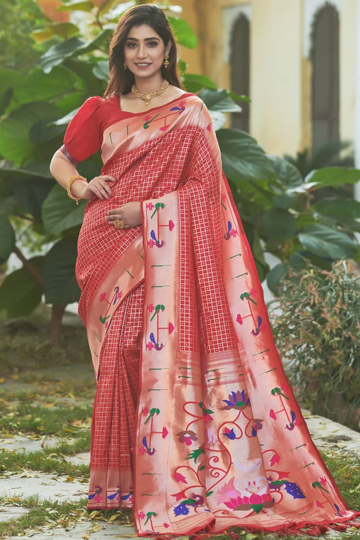 Weaving Work Red Color Adorming Paithani Silk Saree