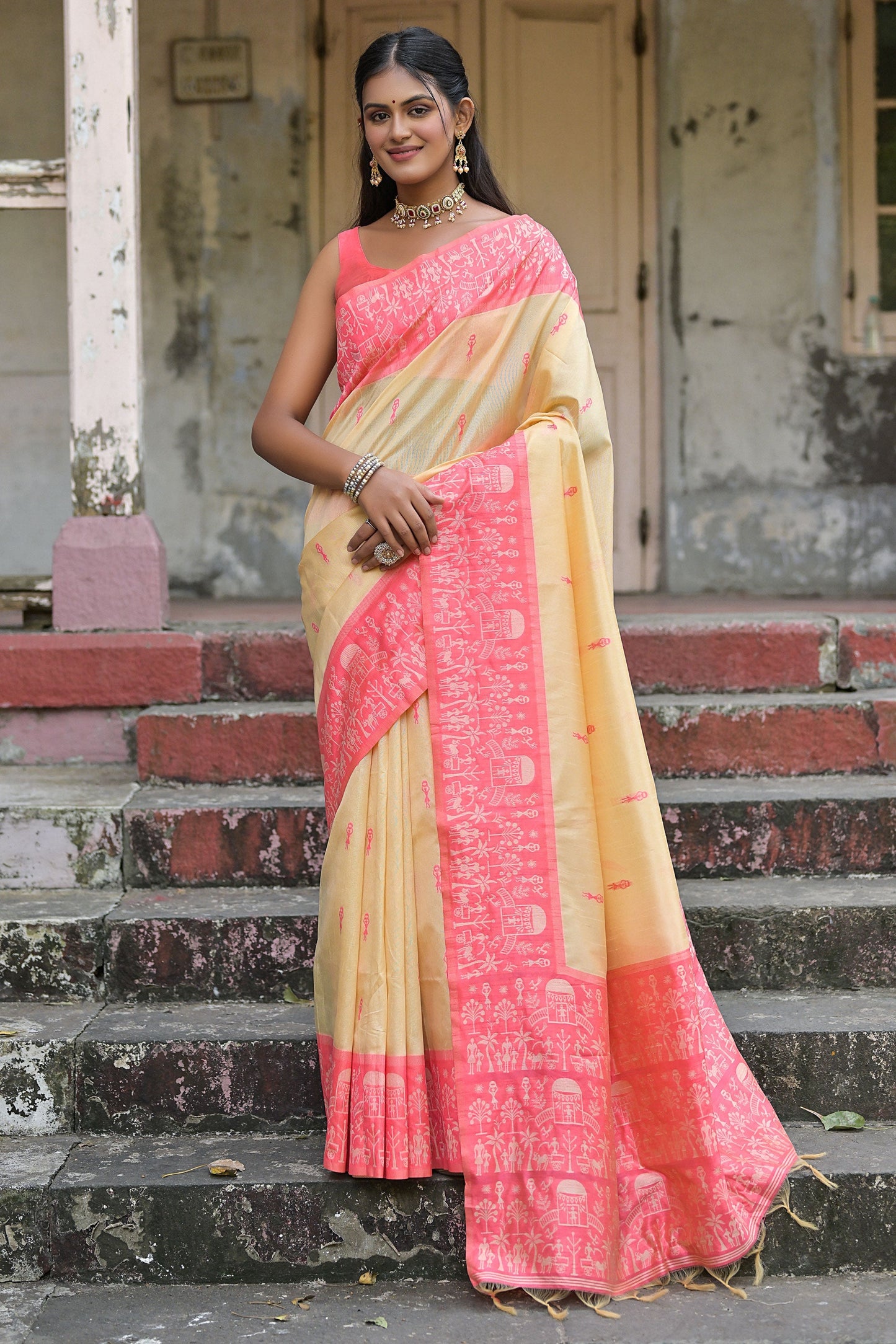 Handloom Raw Silk Beige Color Woven Border Saree