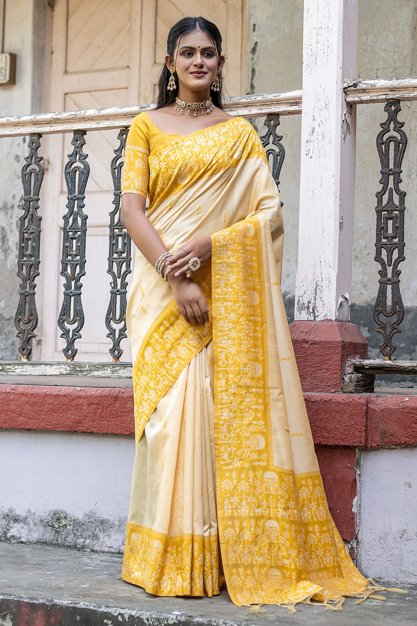 Handloom Raw Silk Beige Fancy Woven Border Casual Saree
