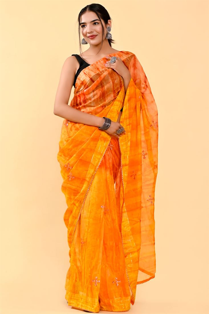 आकर्षक कैज़ुअल नारंगी और सरसों रंग की कॉटन साड़ी