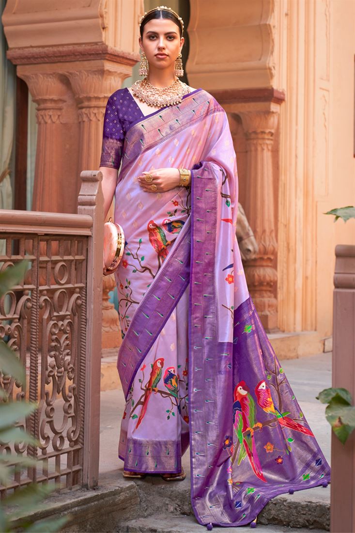 Printed Work Lavender Color Art Silk Fabric Dreamy Saree