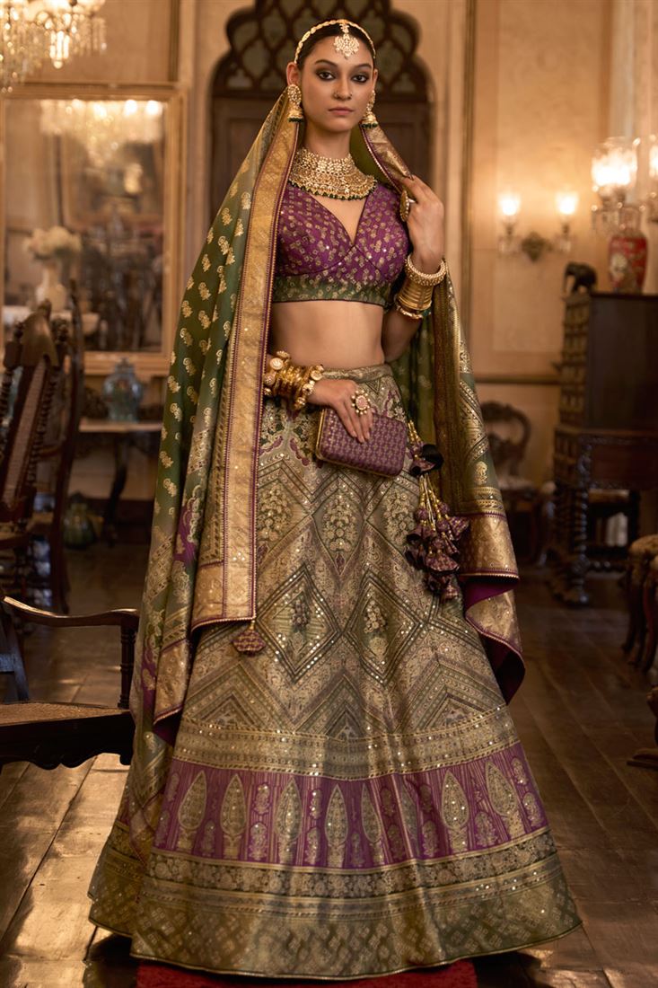 Exquisite Mirror Work Silk Olive Color Lehenga