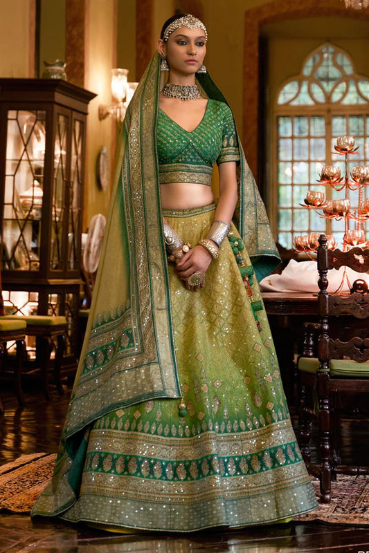 Exquisite Sequins Work  Silk Lehenga In Green Color