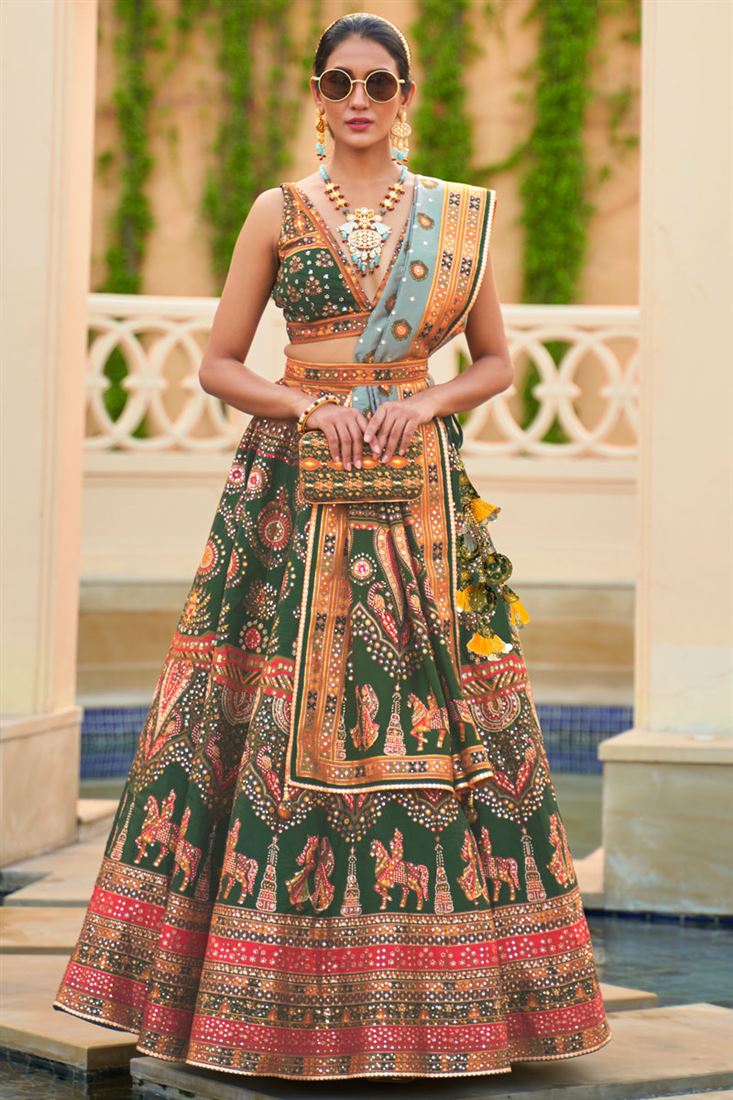 Exquisite Sequins Work Silk Dark Green Color Lehenga For Wedding