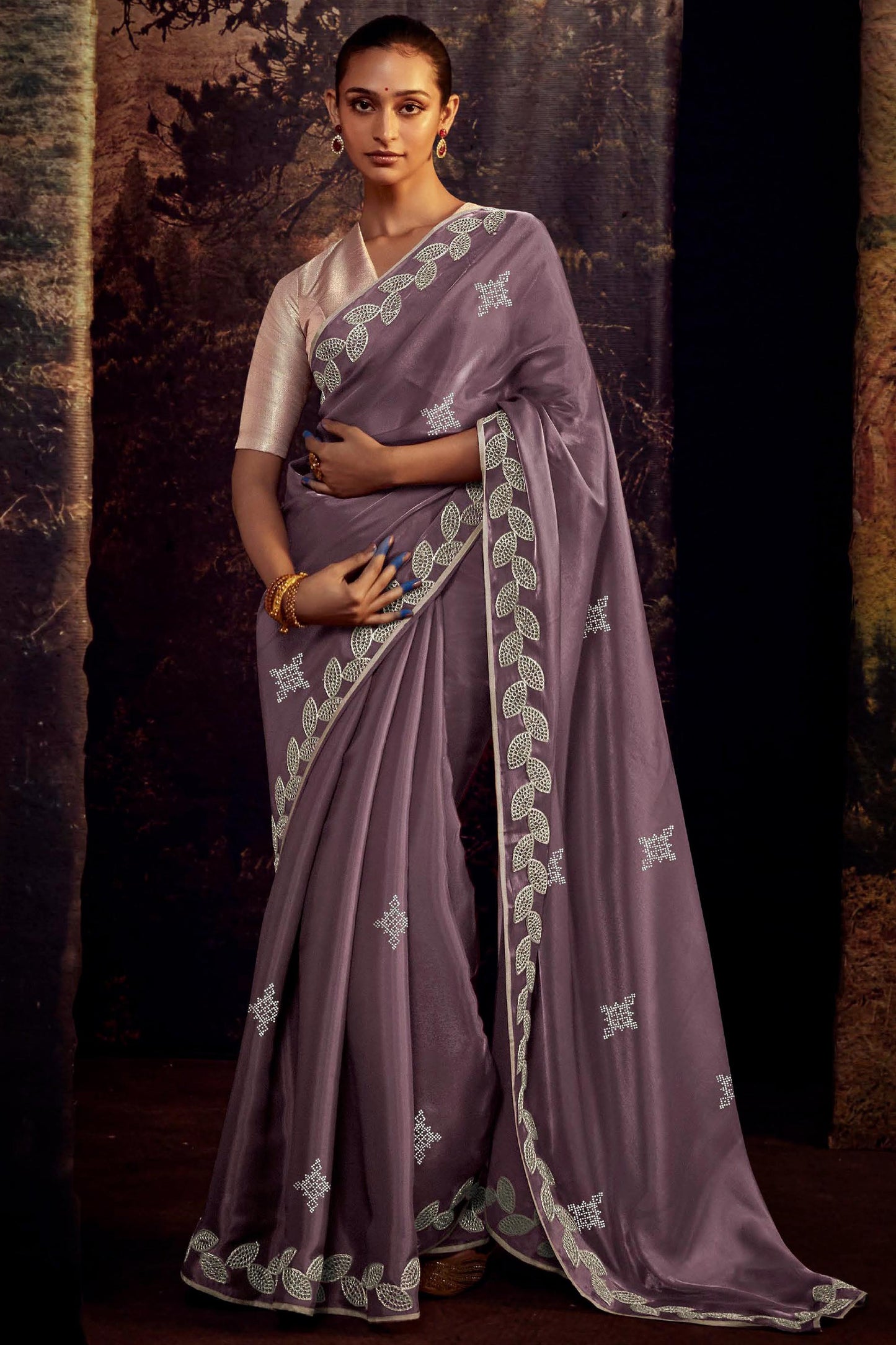 Traditional Look Lavender Color Art Silk Fabric Fancy Work Saree