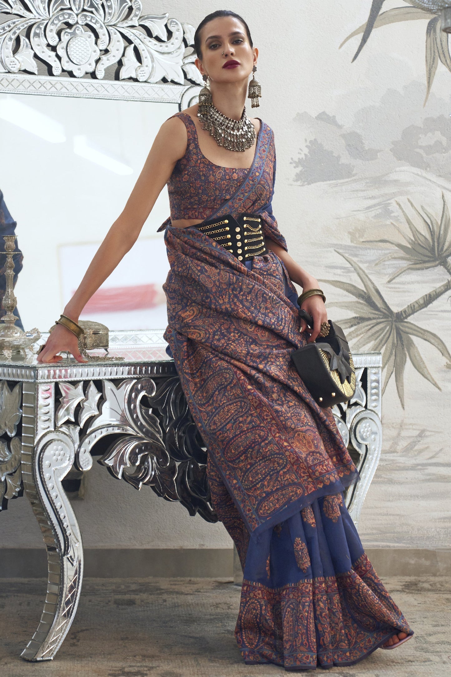 Navy Blue Color Printed Art Silk Fabric Function Wear Saree