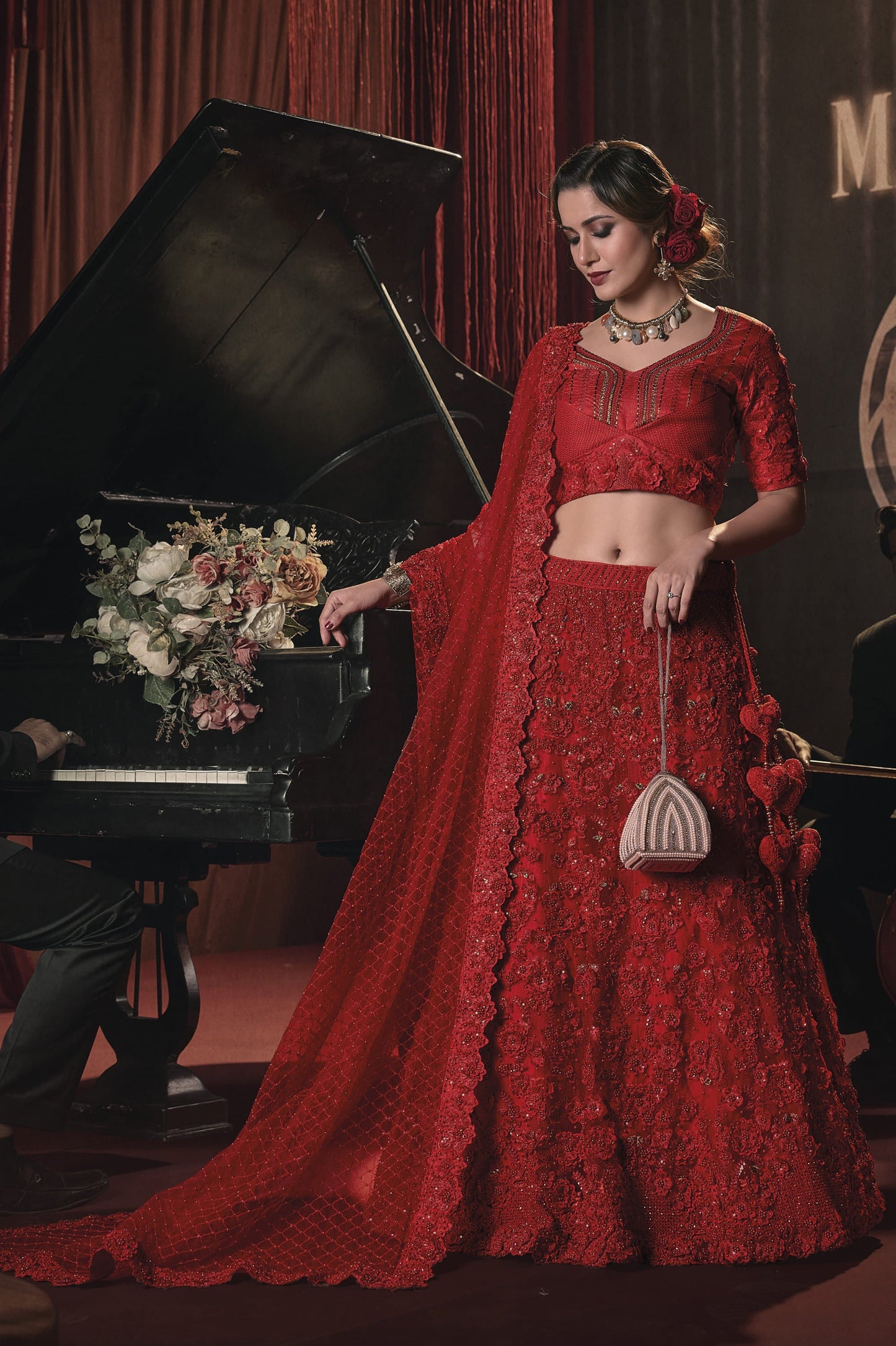 Embroidered Red Designer 3 Piece Lehenga Choli In Art Silk Fabric