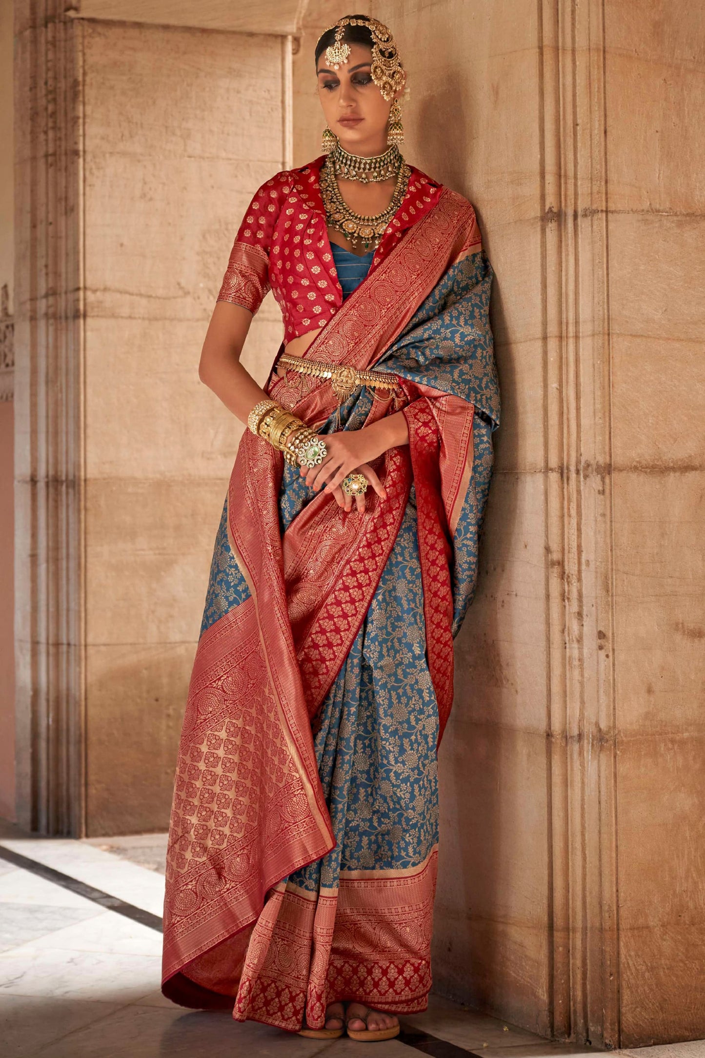 Astonishing Sky Blue Color Art Silk Fabric Weaving Work Sangeet Wear Designer Saree With Contrast Blouse