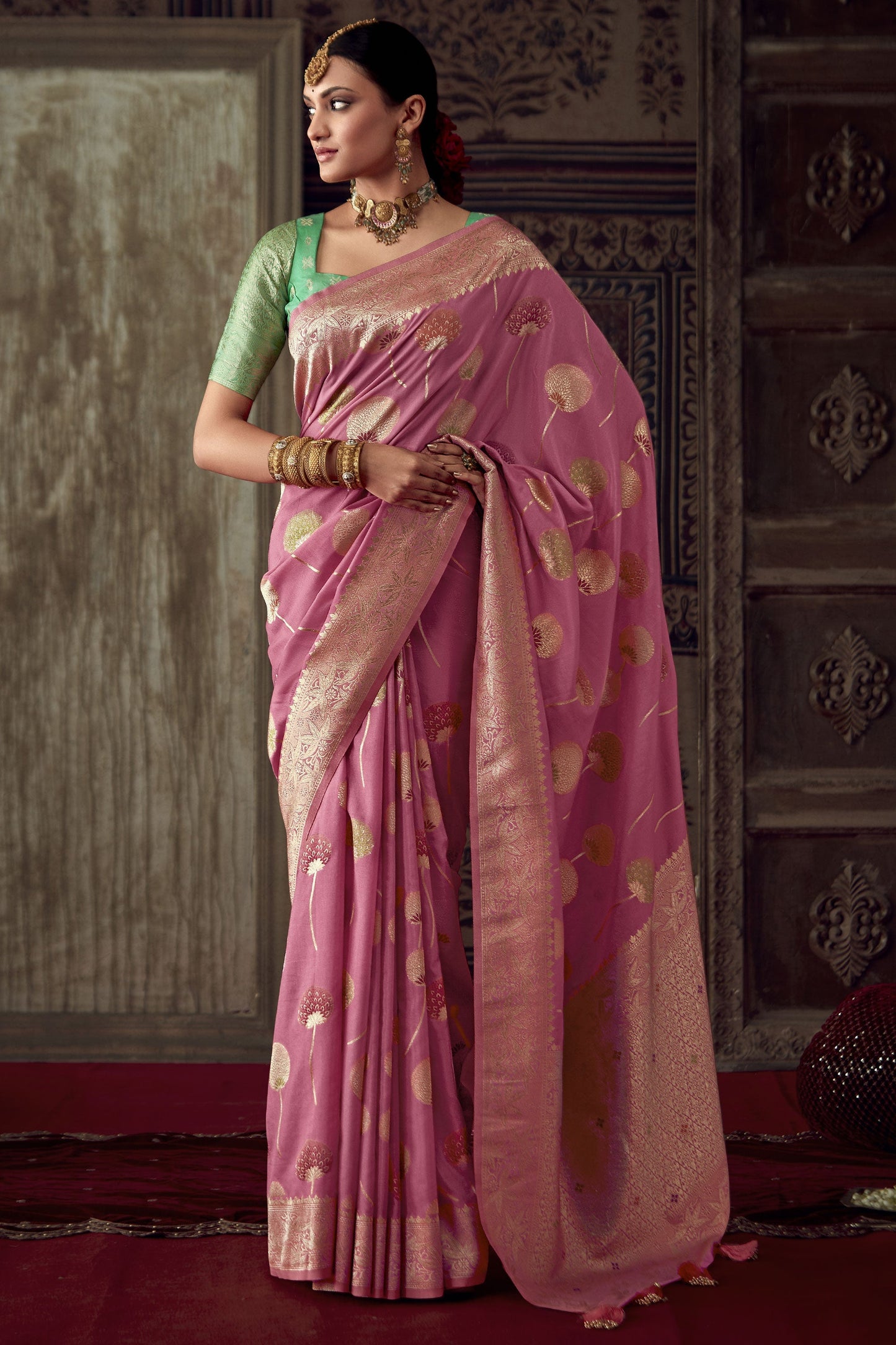Pink Color Weaving Work Fancy Fabric Party Wear Saree