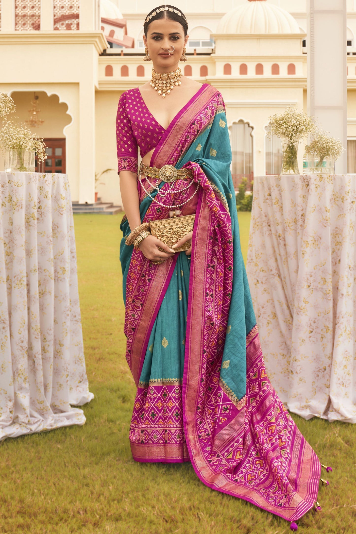 Cyan Color Printed Designer Patola Silk Saree