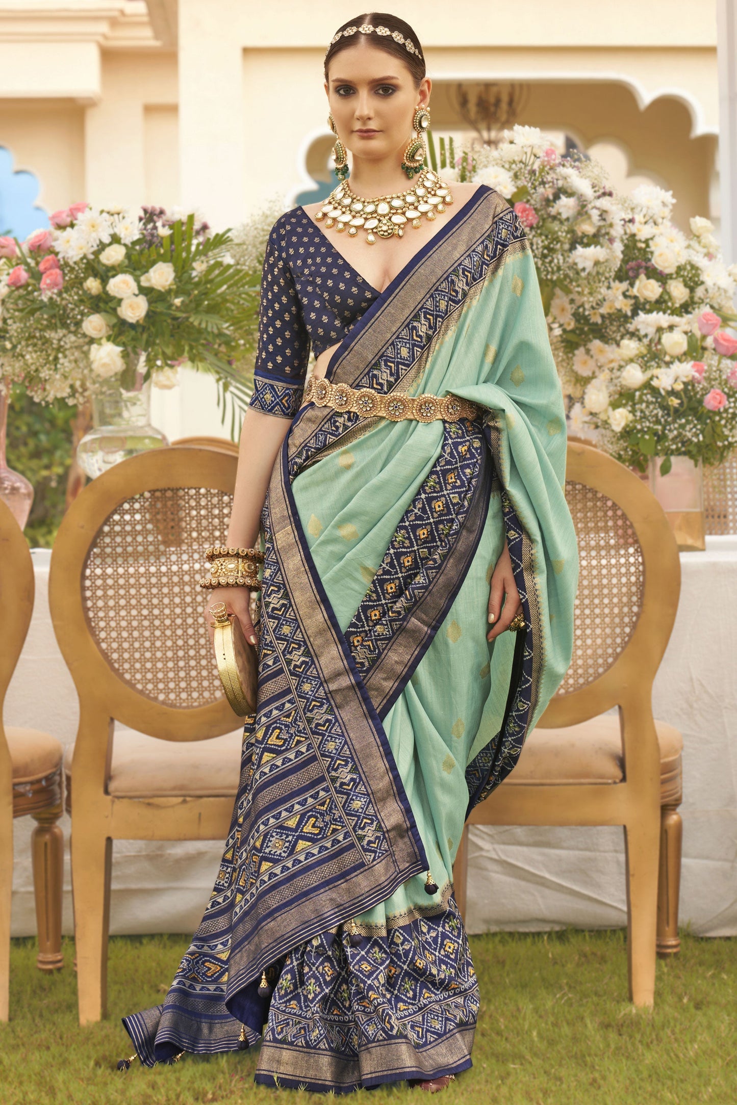 Patola Silk Sea Green Color Printed Saree