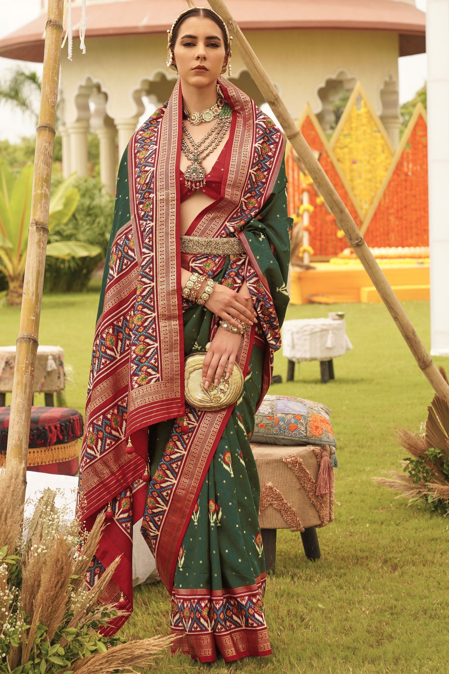 Patola Silk Printed Design Saree In Dark Green Color