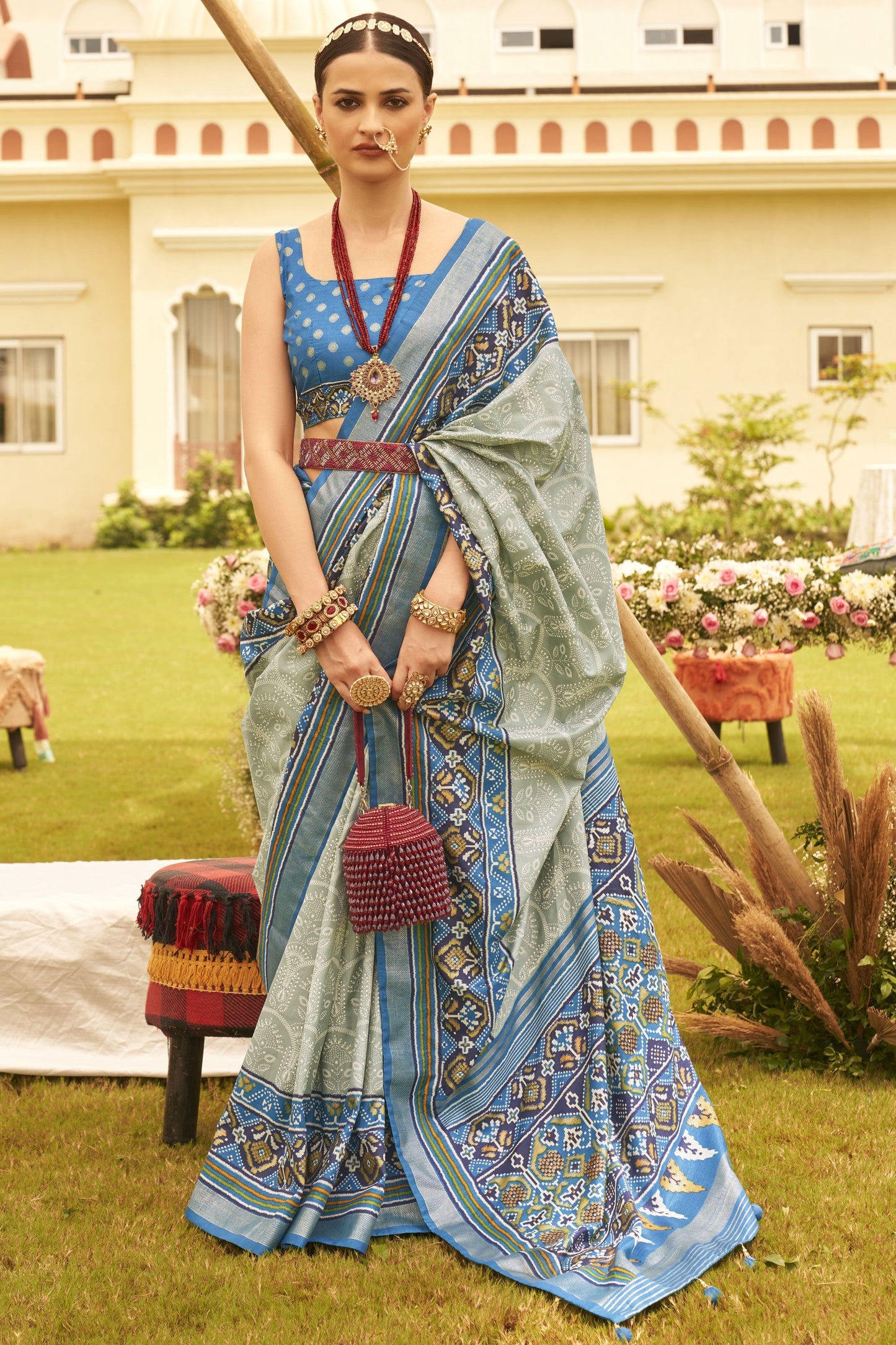 Printed Patola Art Silk Fabric Saree In Sea Green Color