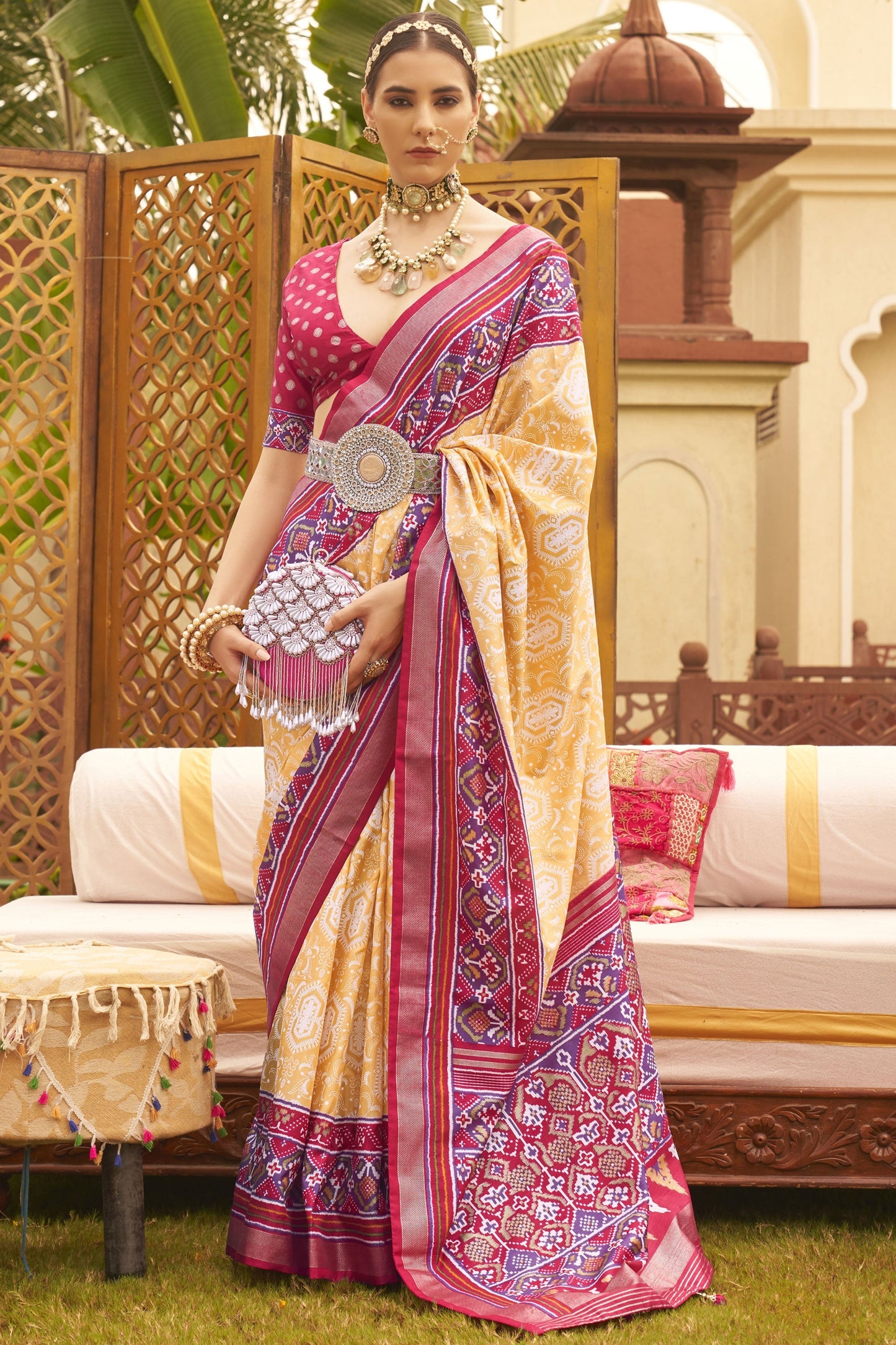 Yellow Color Printed Patola Art Silk Fabric Saree