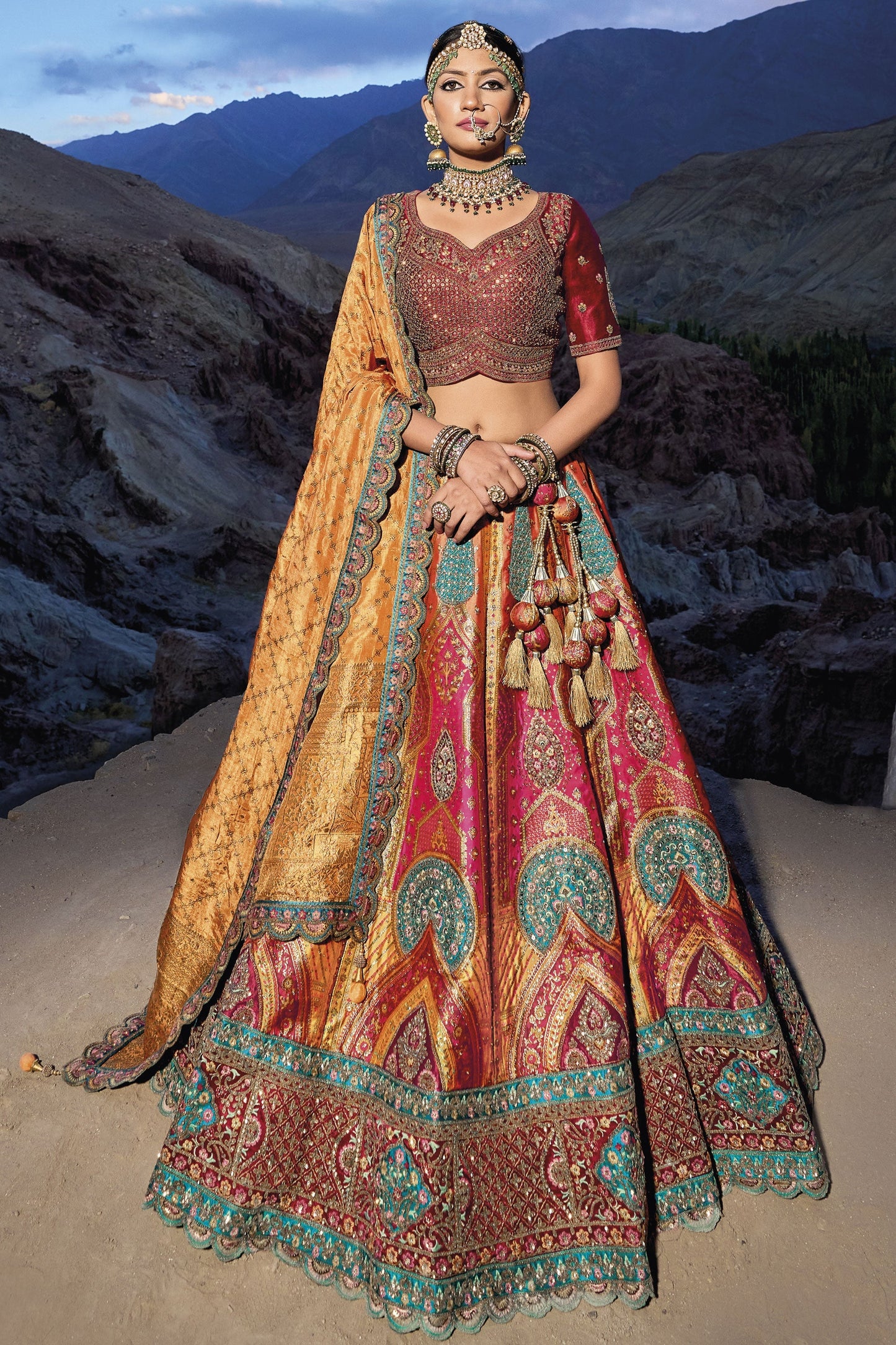 Banarasi Silk Fabric Wedding Wear Jacquard Work Designer Lehenga Choli In Multi Color
