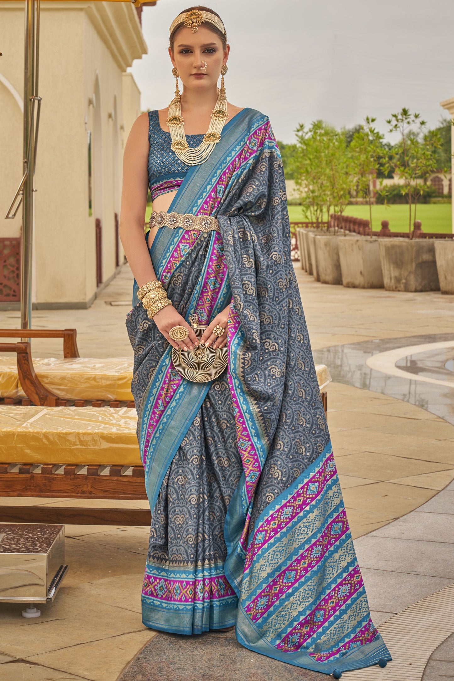 Grey Color Printed Patola Silk Fabric Saree