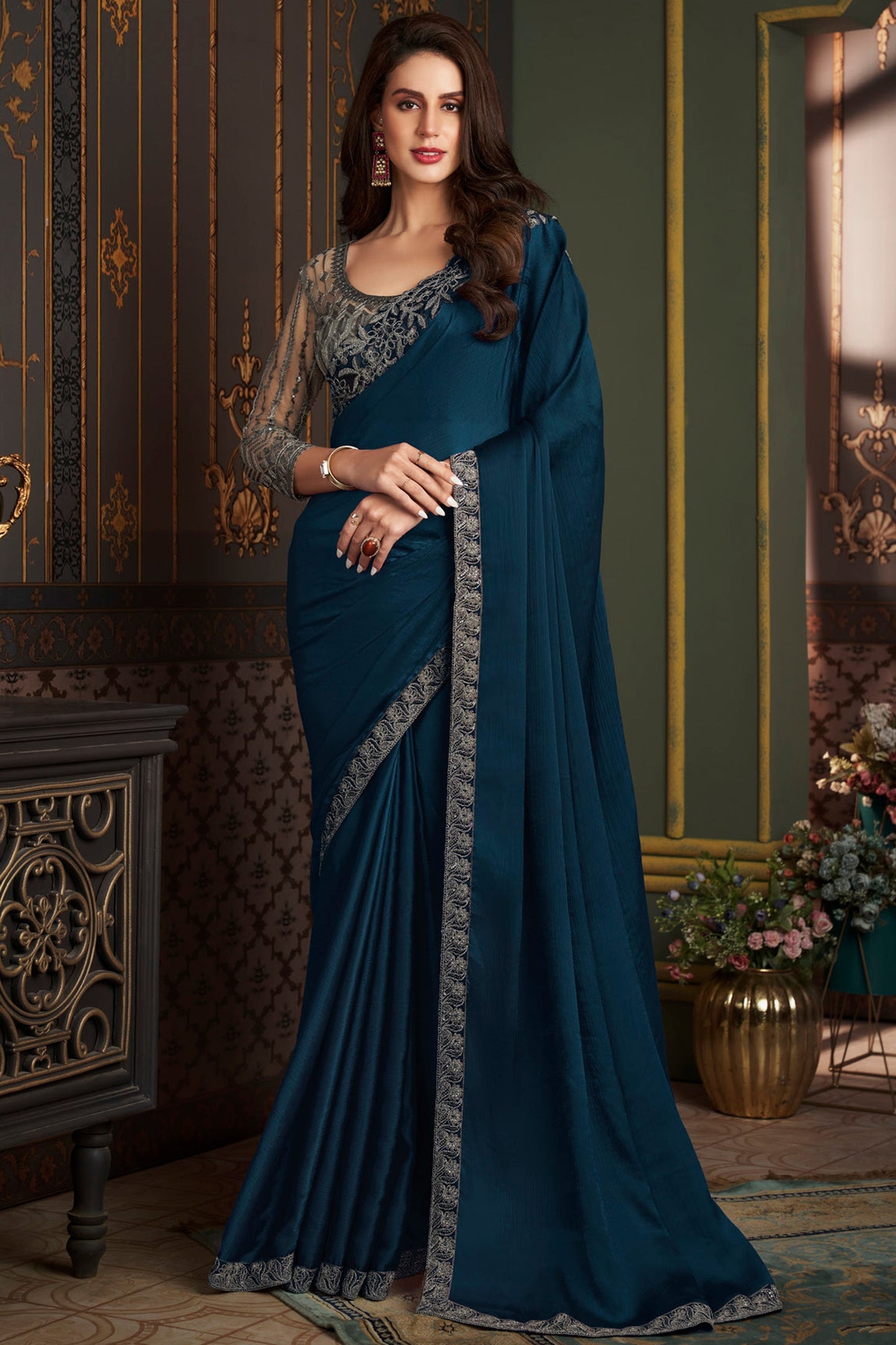 Larissa Bonesi Teal Color Chiffon Silk Miraculous Saree With Border Work