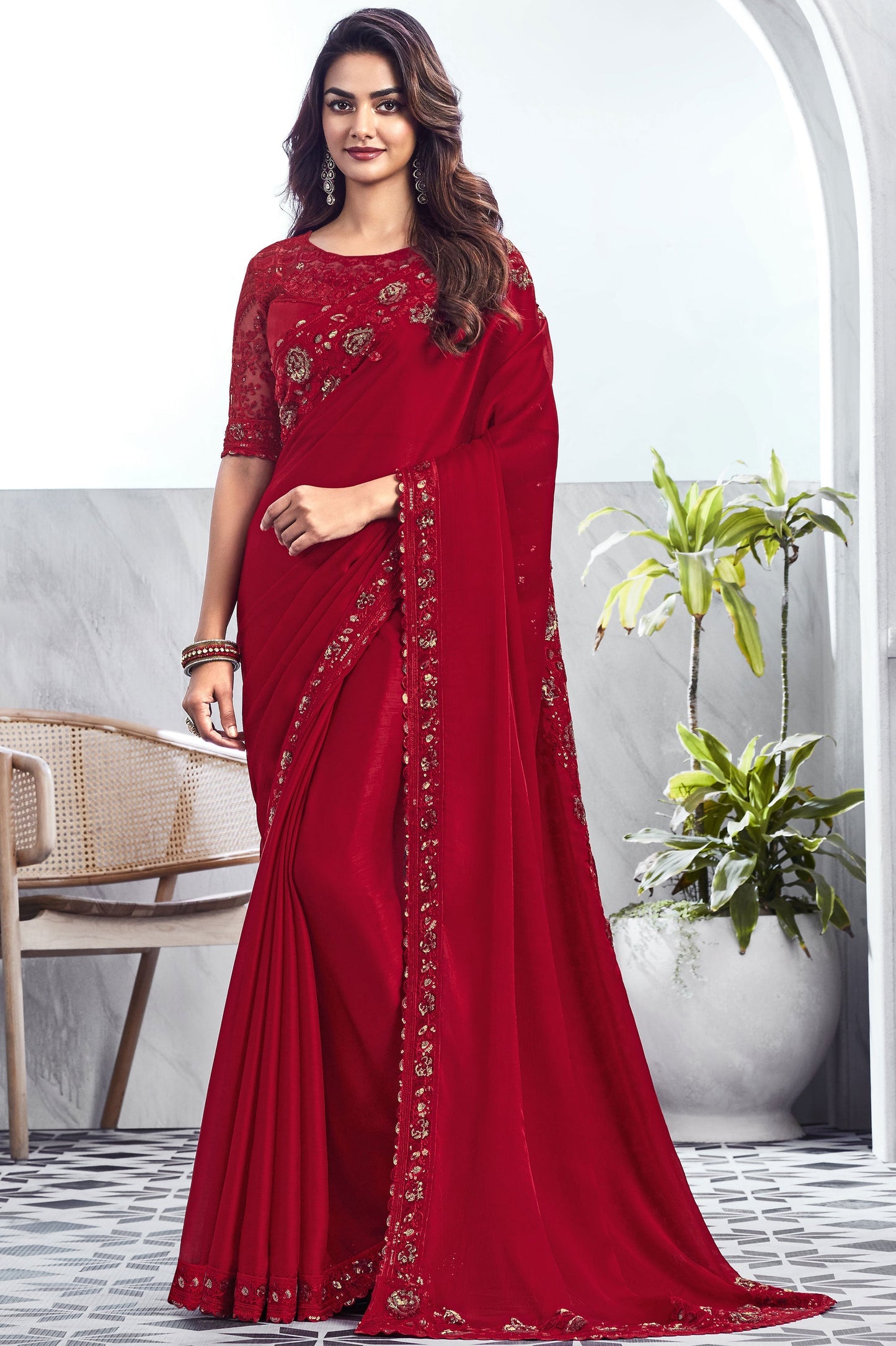 Red Color Art Silk Fabric Special Saree With Border Work