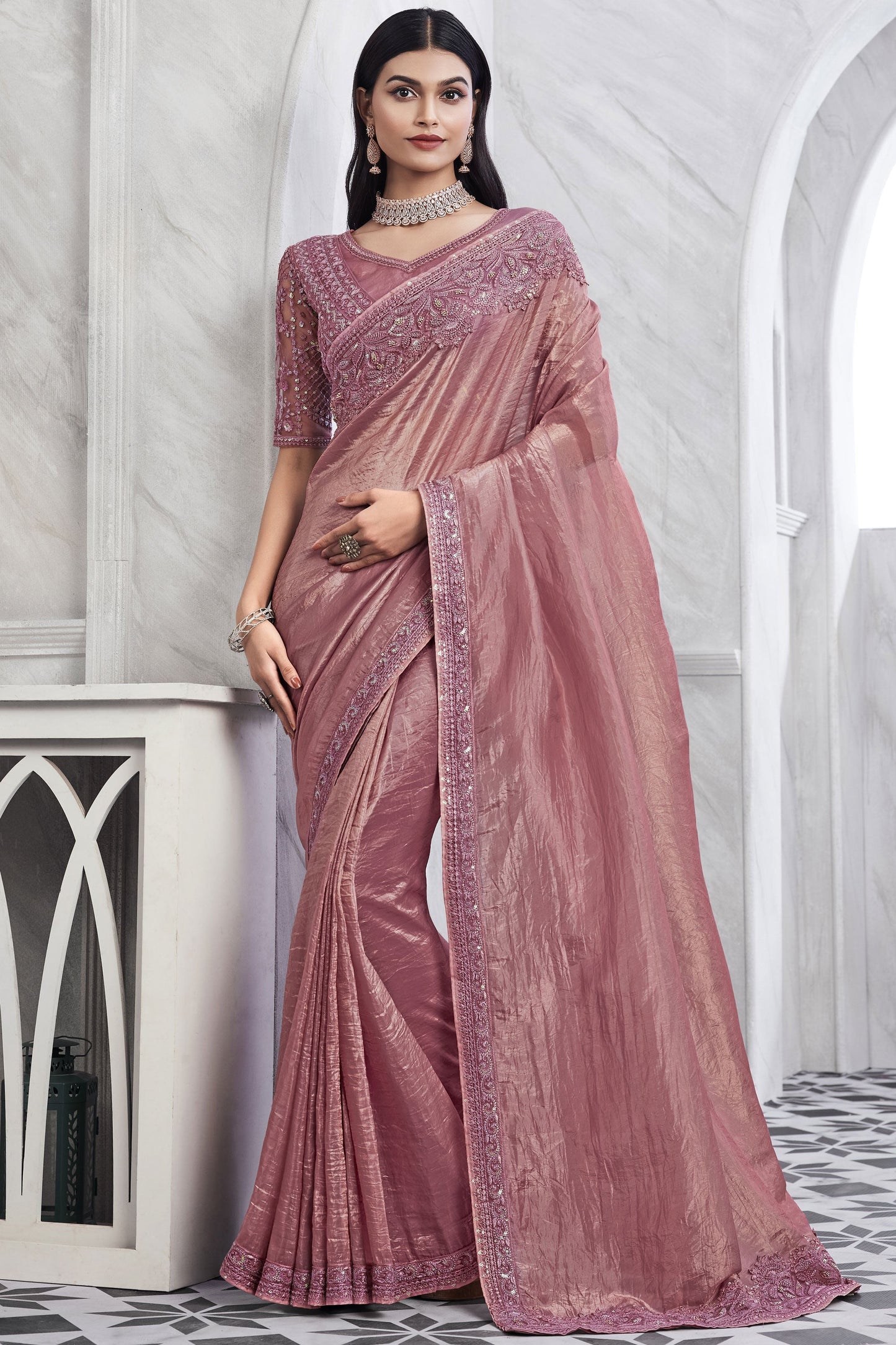 Border Work On Pink Color Sober Saree In Art Silk Fabric
