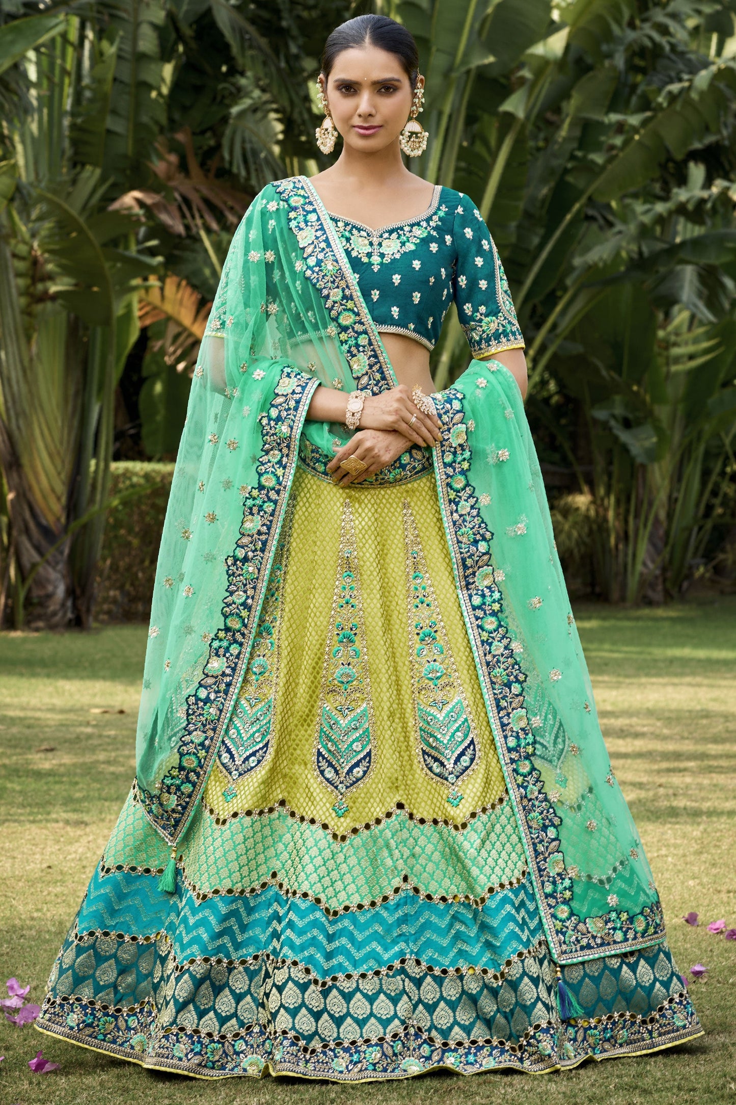 Jacquard Work On Multi Color Sober Lehenga In Banarasi Silk Fabric