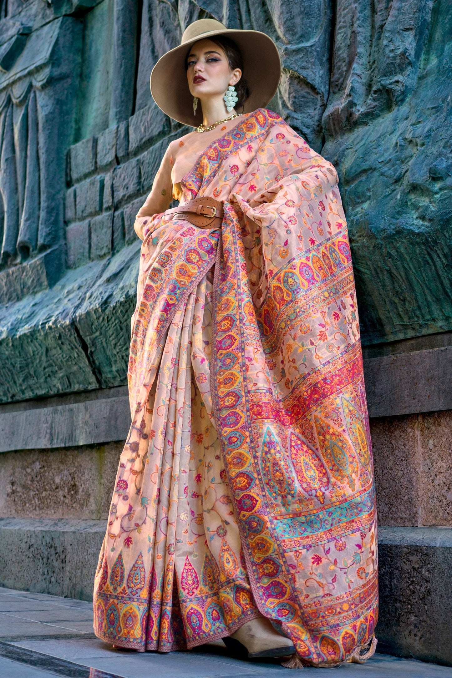 Dazzling Weaving Work On Peach Color Saree In Organza Fabric