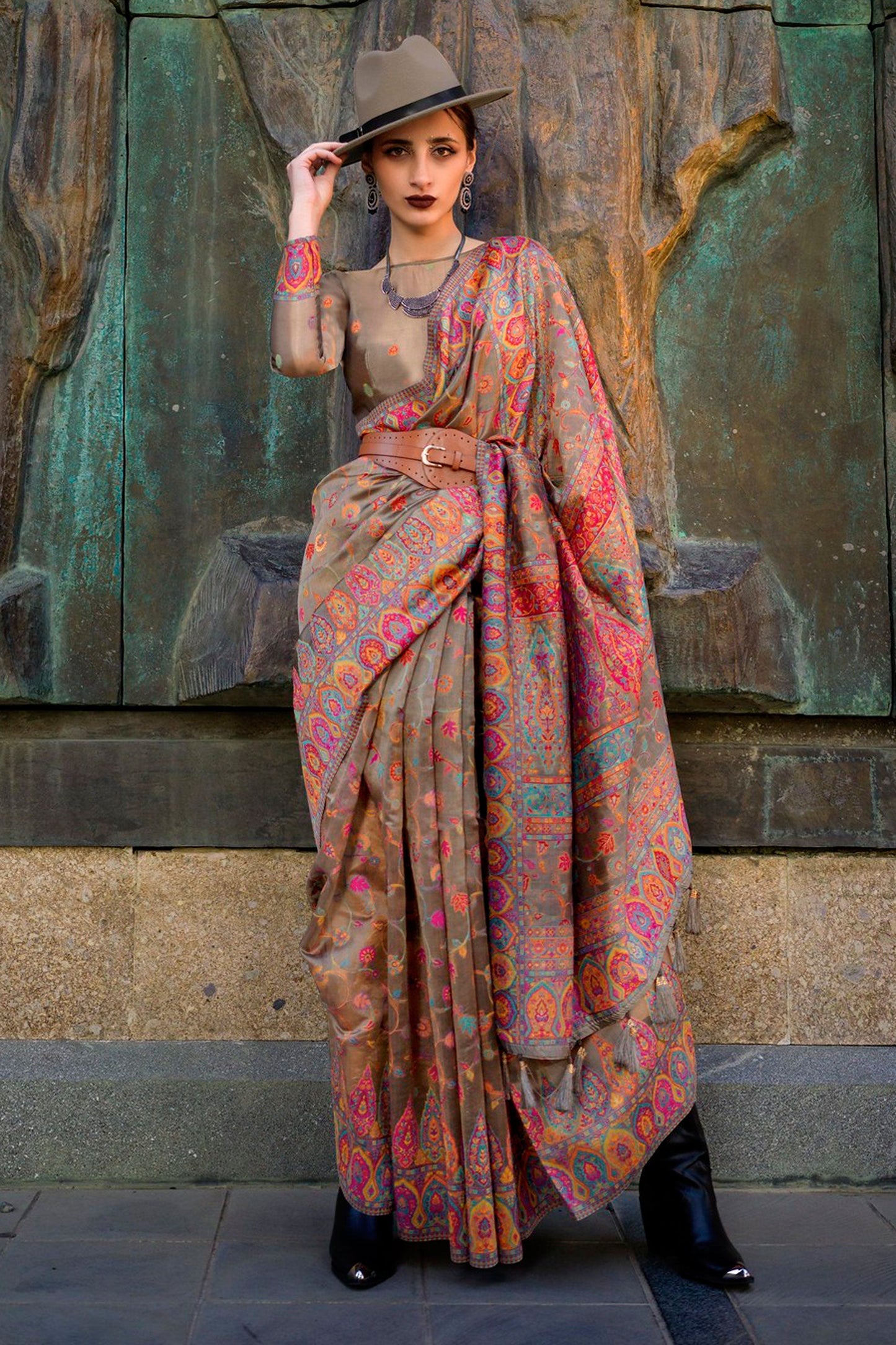 Incredible Weaving Work On Organza Fabric Brown Color Saree