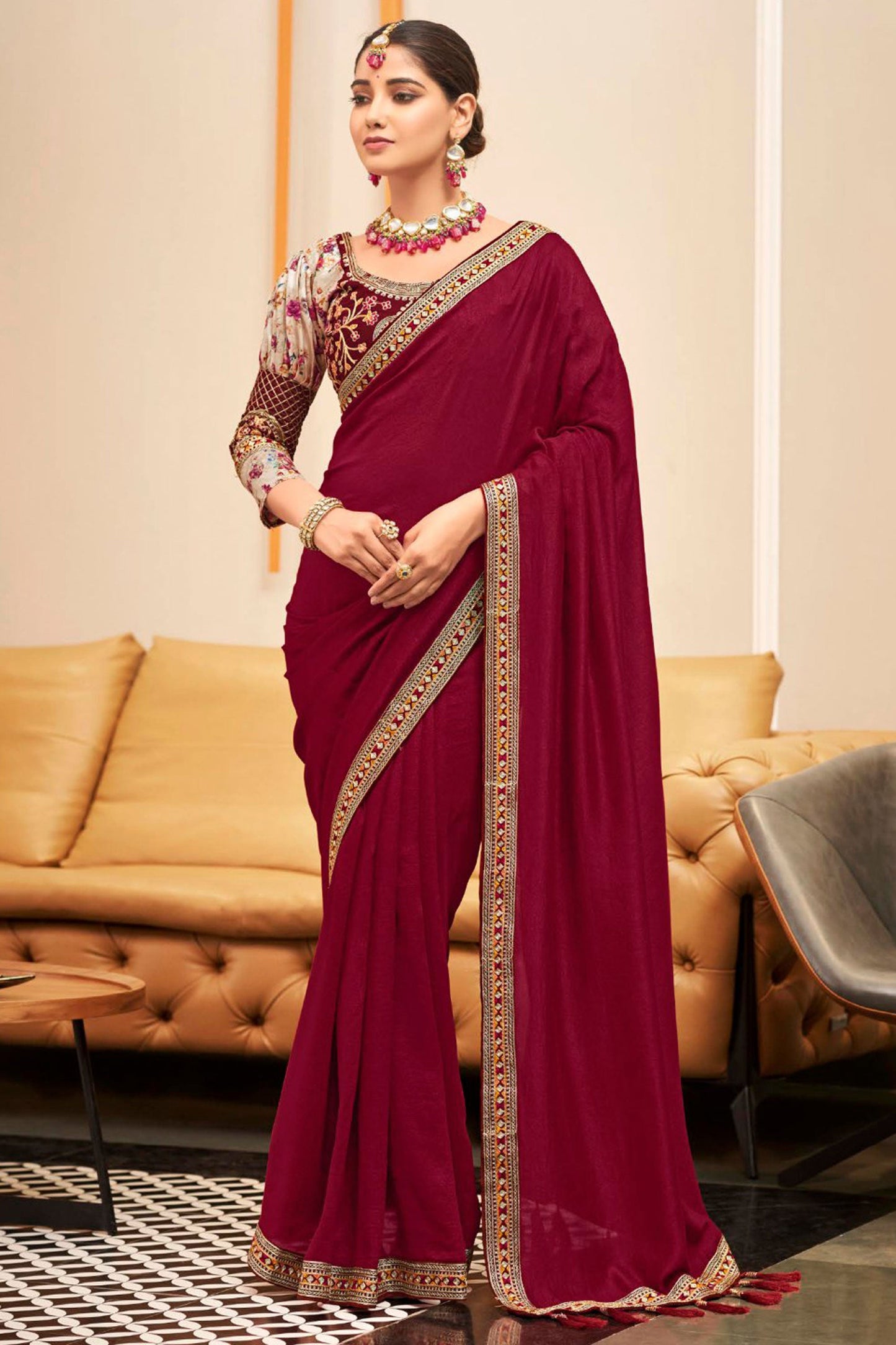 Maroon Color Border Work Brilliant Fancy Fabric Saree